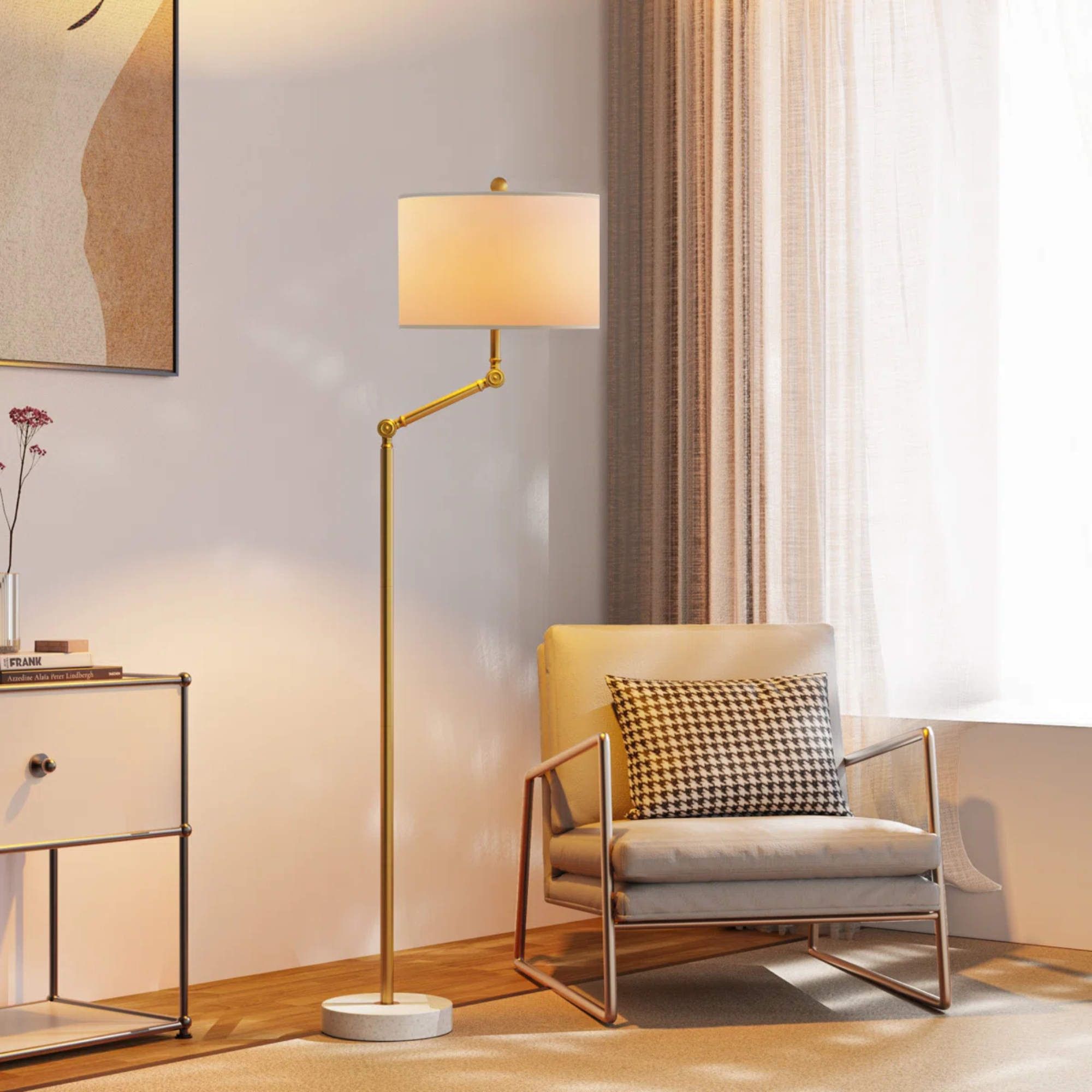 Floor Lamp, Dimmable Fabric Shade, Gold Metal Finish