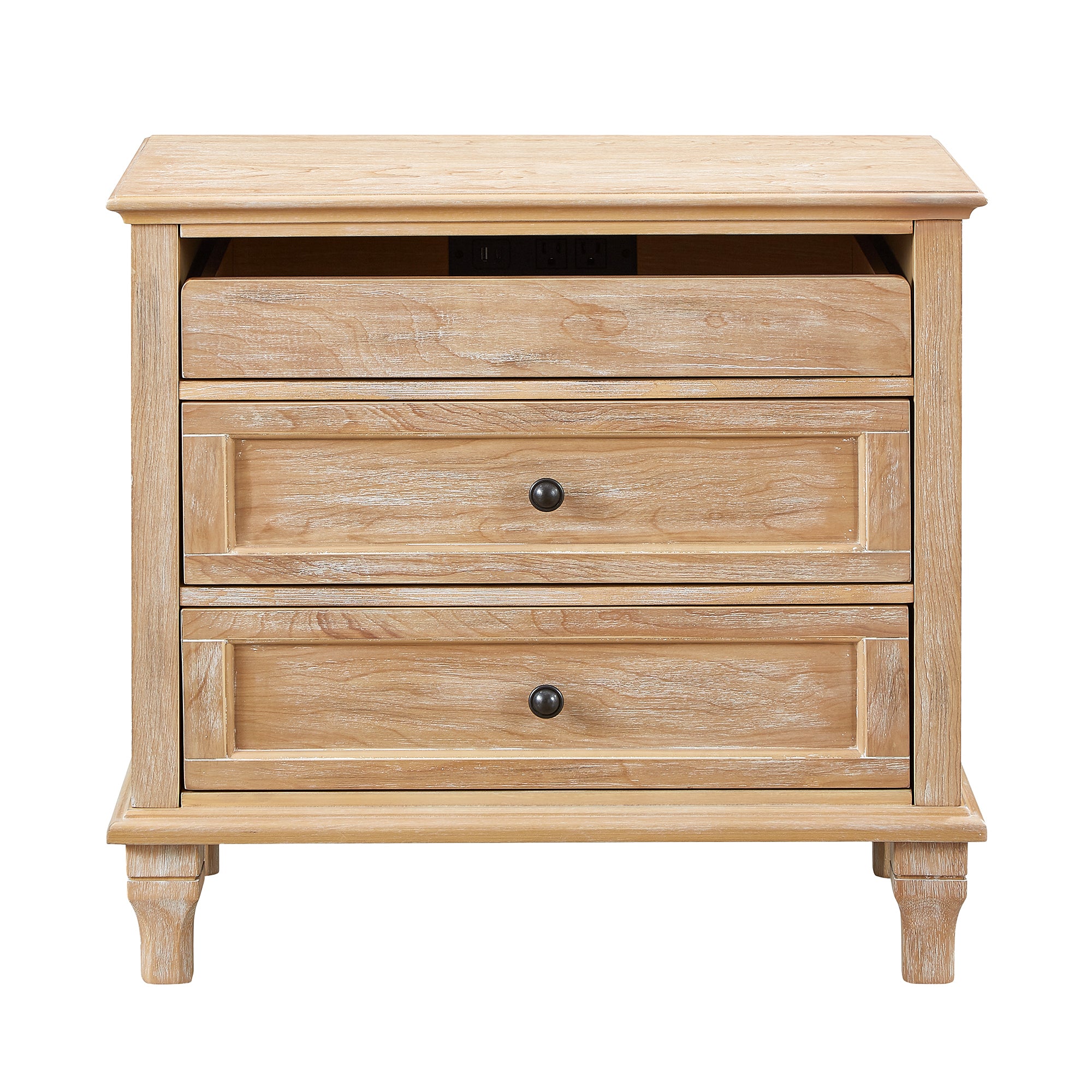 Natural Oak Nightstand with 3 Drawers and Charging