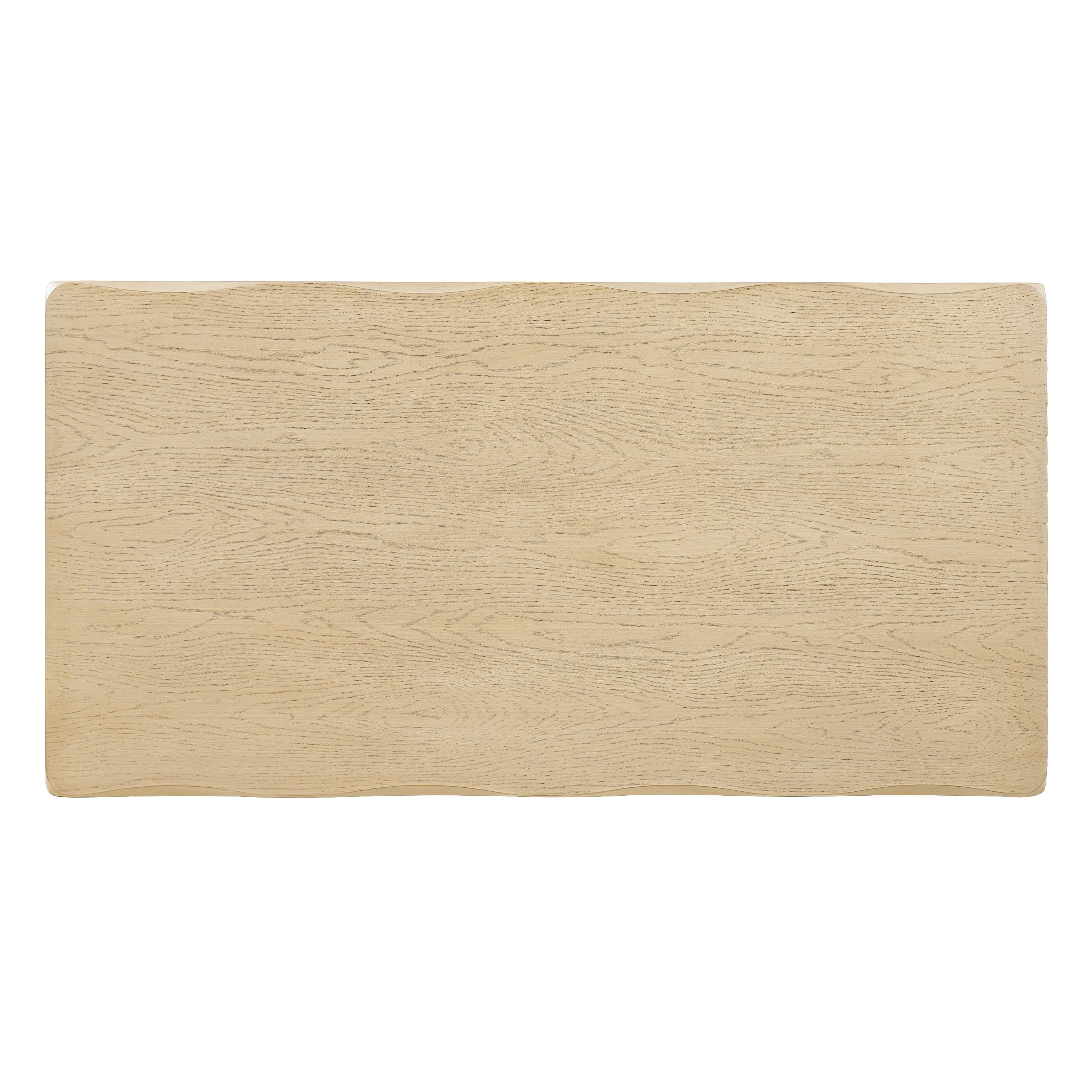 Overhead view of the natural oak tabletop showing wood grain and scalloped edge