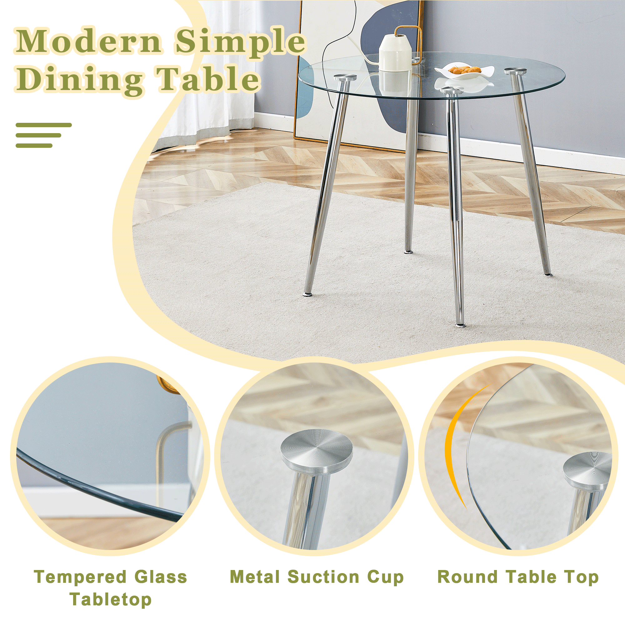 Feature graphic highlighting the tempered glass tabletop, metal suction cup and round top