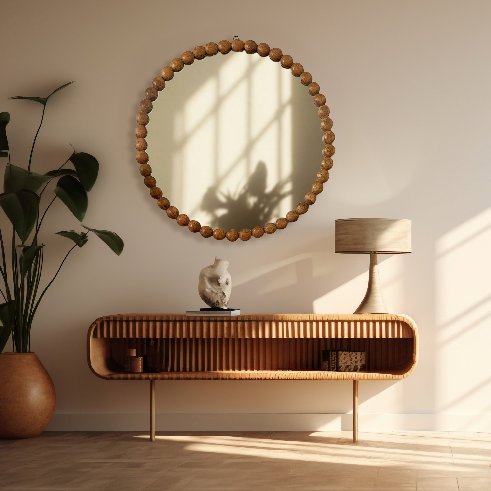 Round 32-Inch Wood Bead Wall Mirror, Natural Finish