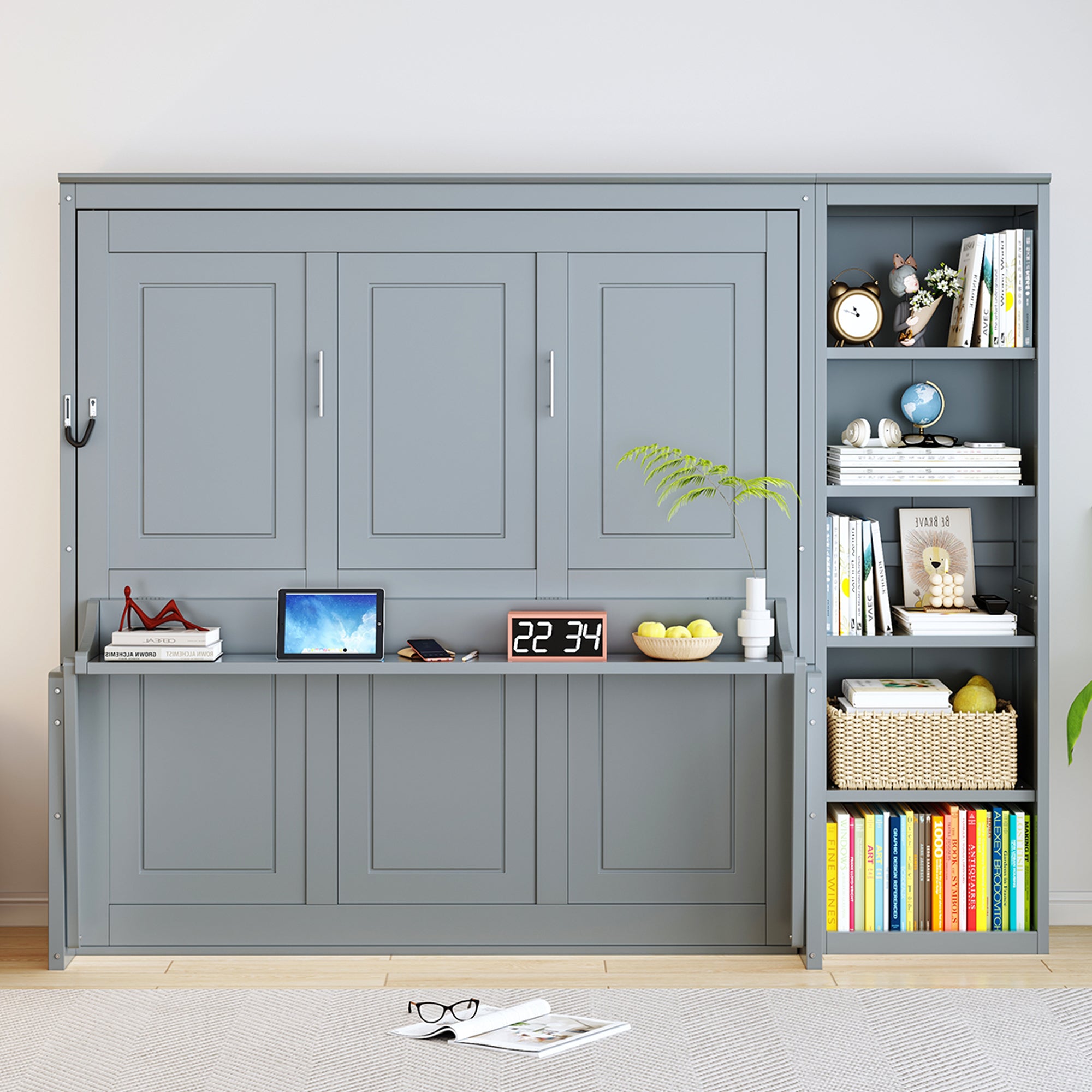 Murphy Wall Bed with Desk and Storage Shelves, Gray