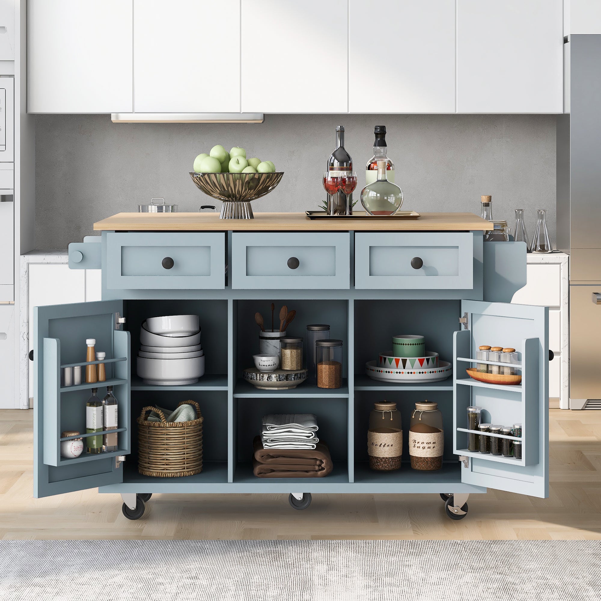 Rolling Kitchen Island with Drop-Leaf, Grey Blue, 3 Drawers