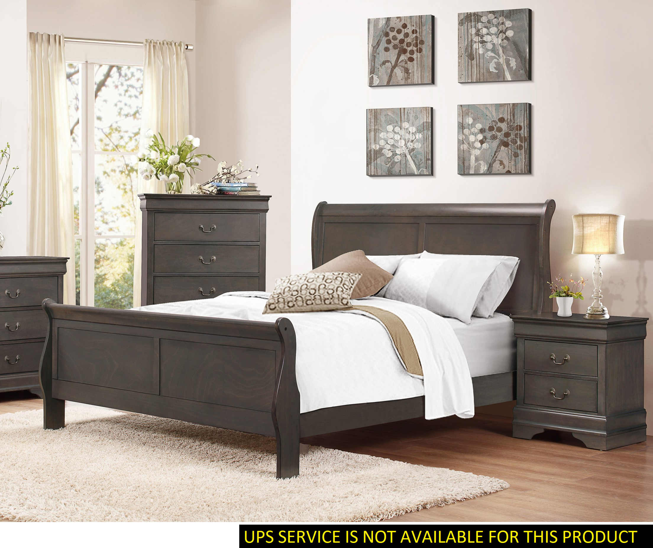 Queen Sleigh Bed Frame, Stained Gray Finish