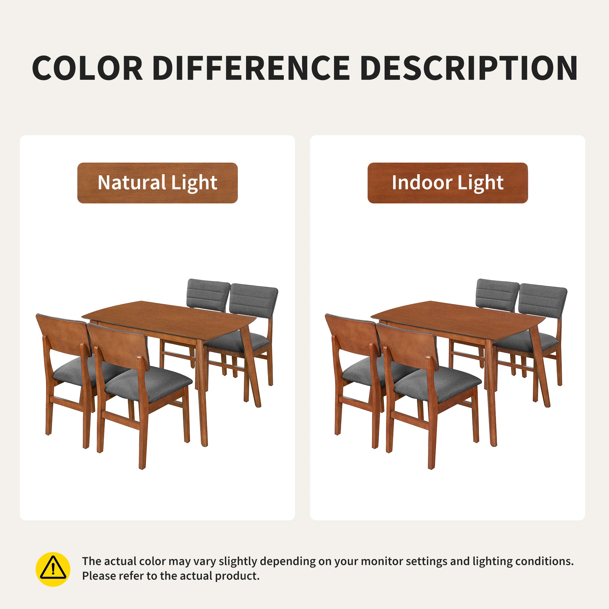 Color difference graphic comparing the brown dining table under natural light and indoor light