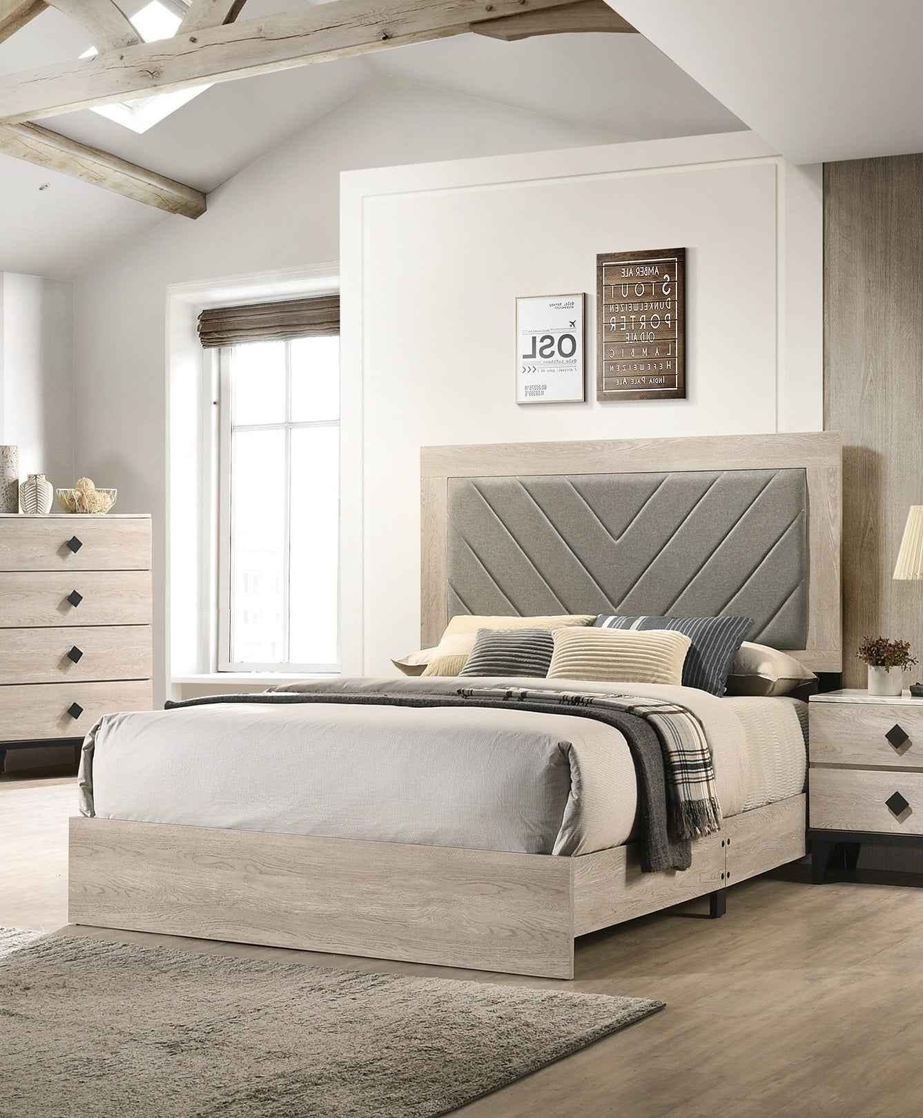 King Bed Frame with Upholstered Headboard, Rubberwood