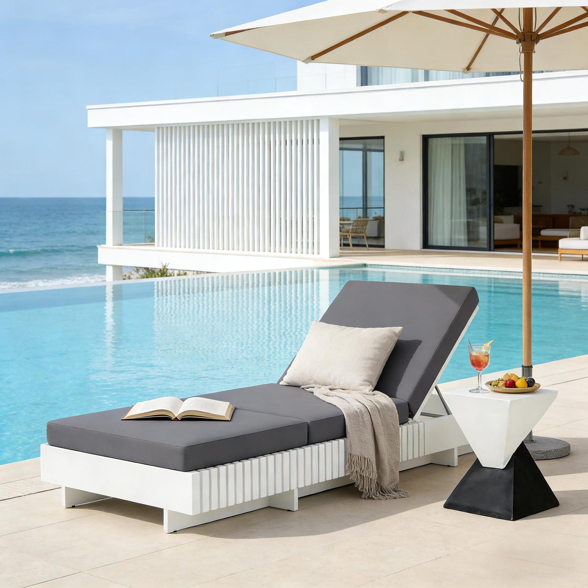 White Solid Wood Outdoor Chaise Lounge, Dark Gray Cushion, 3-Fold Cushion