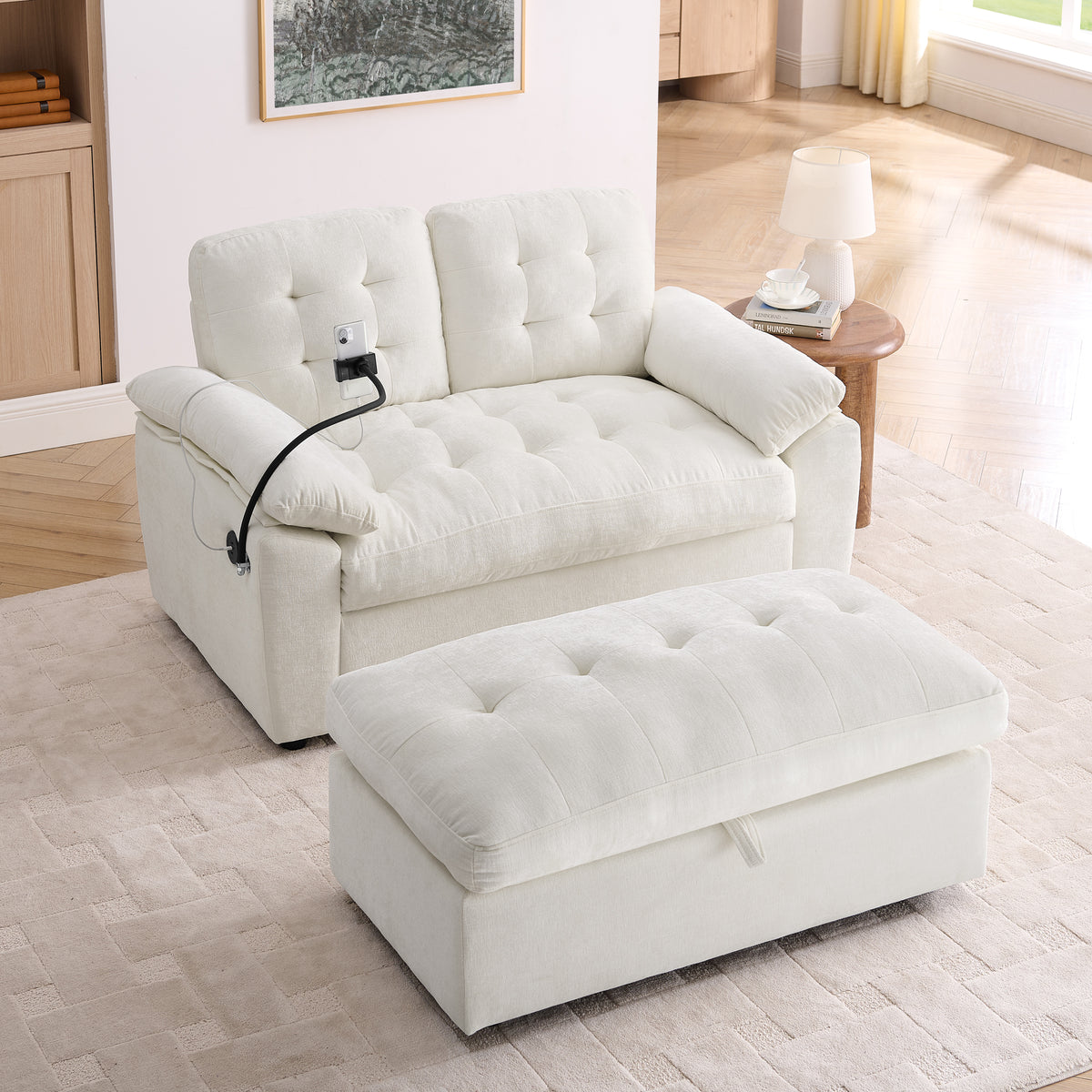 Beige Chenille Recliner, USB Charging, Double Seat