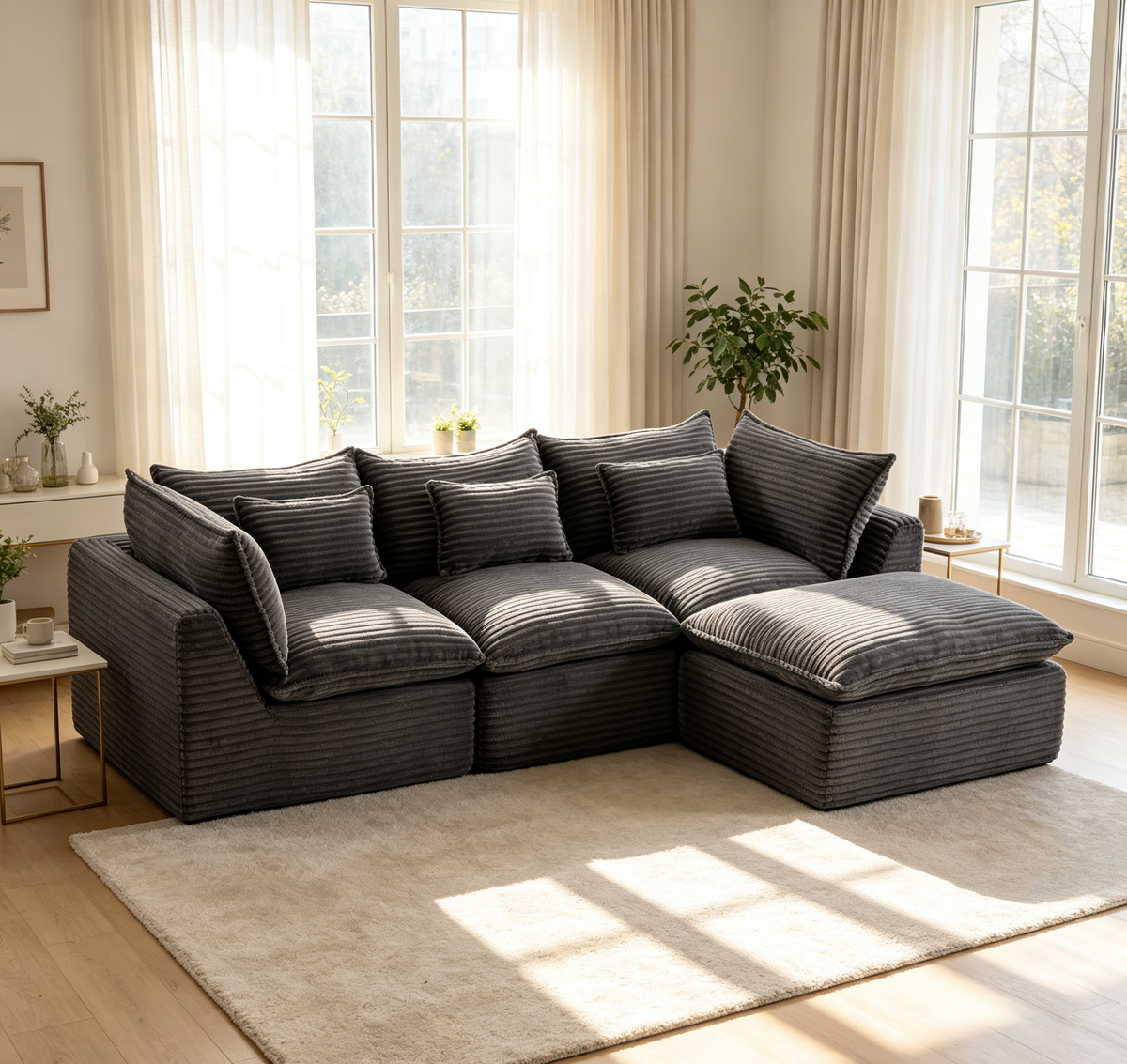 Gray Modular Sectional with Ottoman, 102.3 in Wide, Corduroy