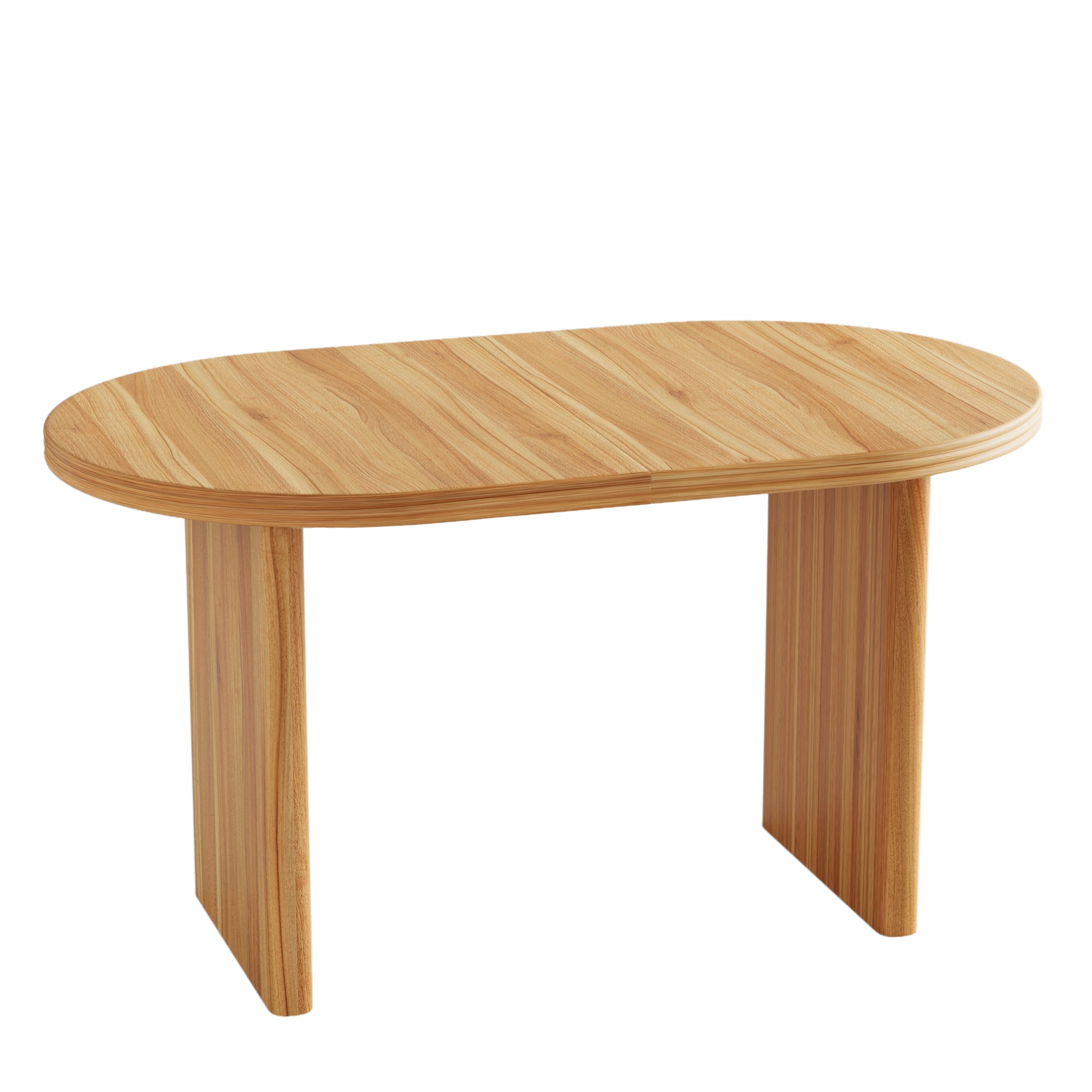 Three-quarter studio view of the walnut-tone oval table fully extended