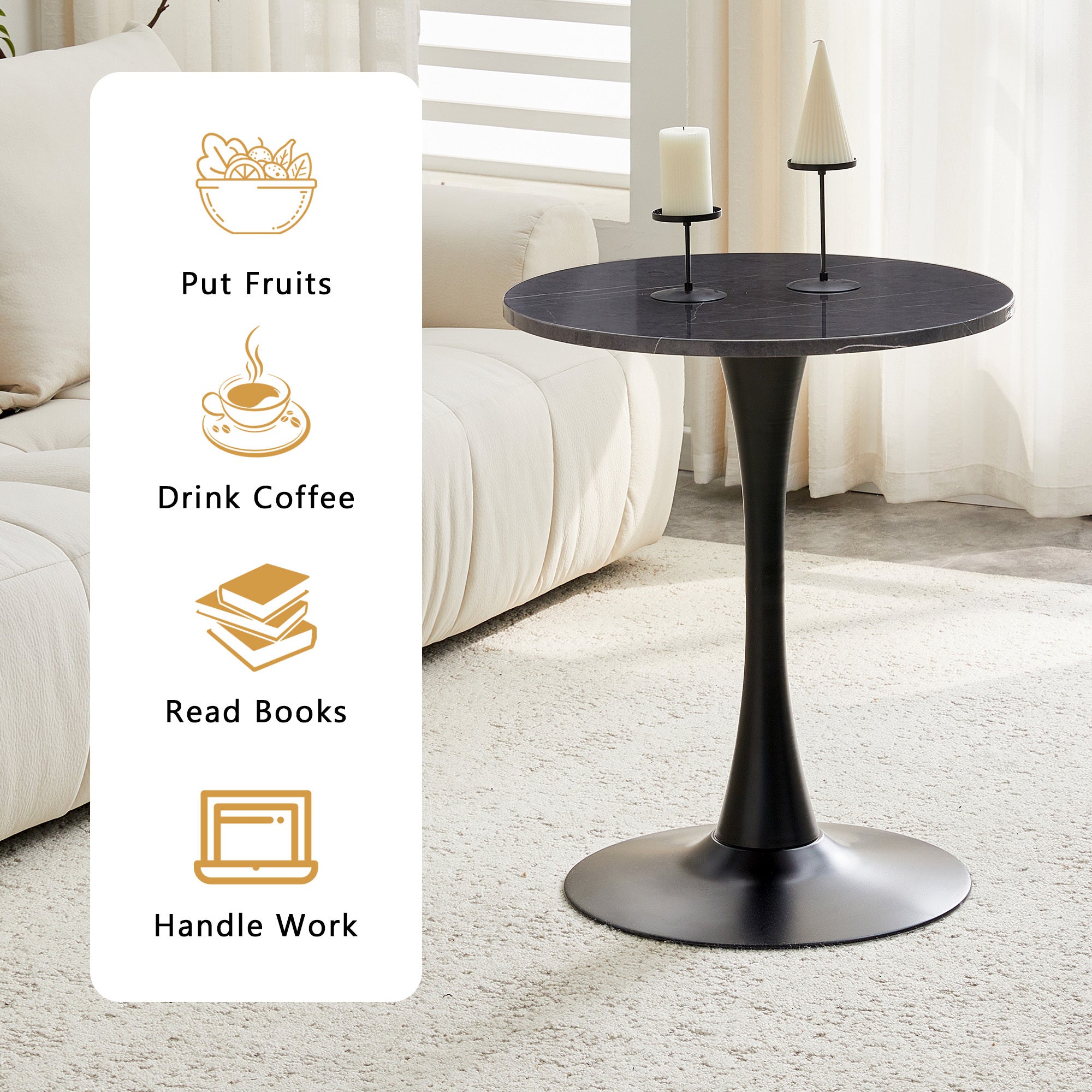 Feature graphic listing uses like fruit, coffee, books and work beside the black bistro table in a room