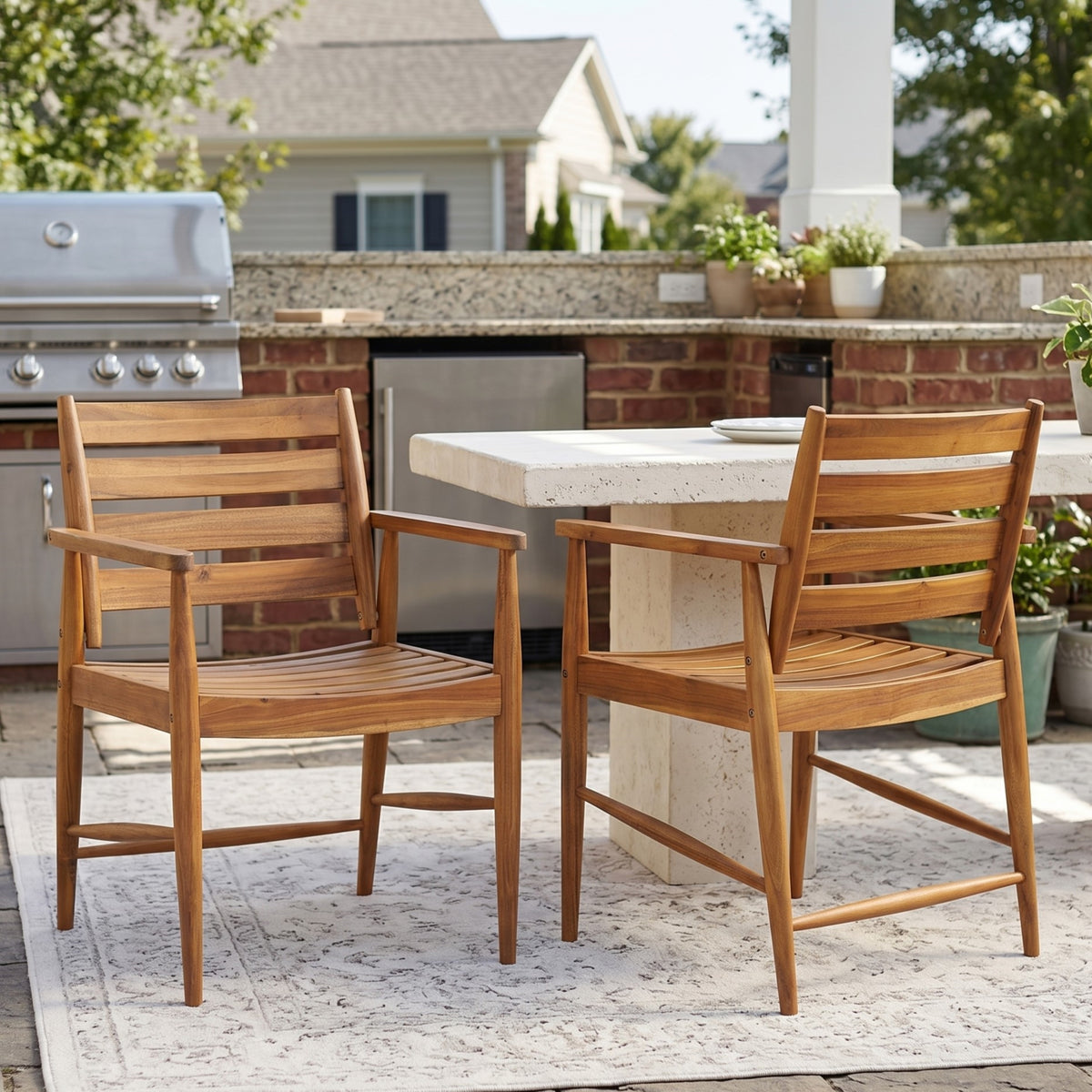 Teak Finish Solid Wood Outdoor Dining Chair, Set of 2, 33.3 in Tall