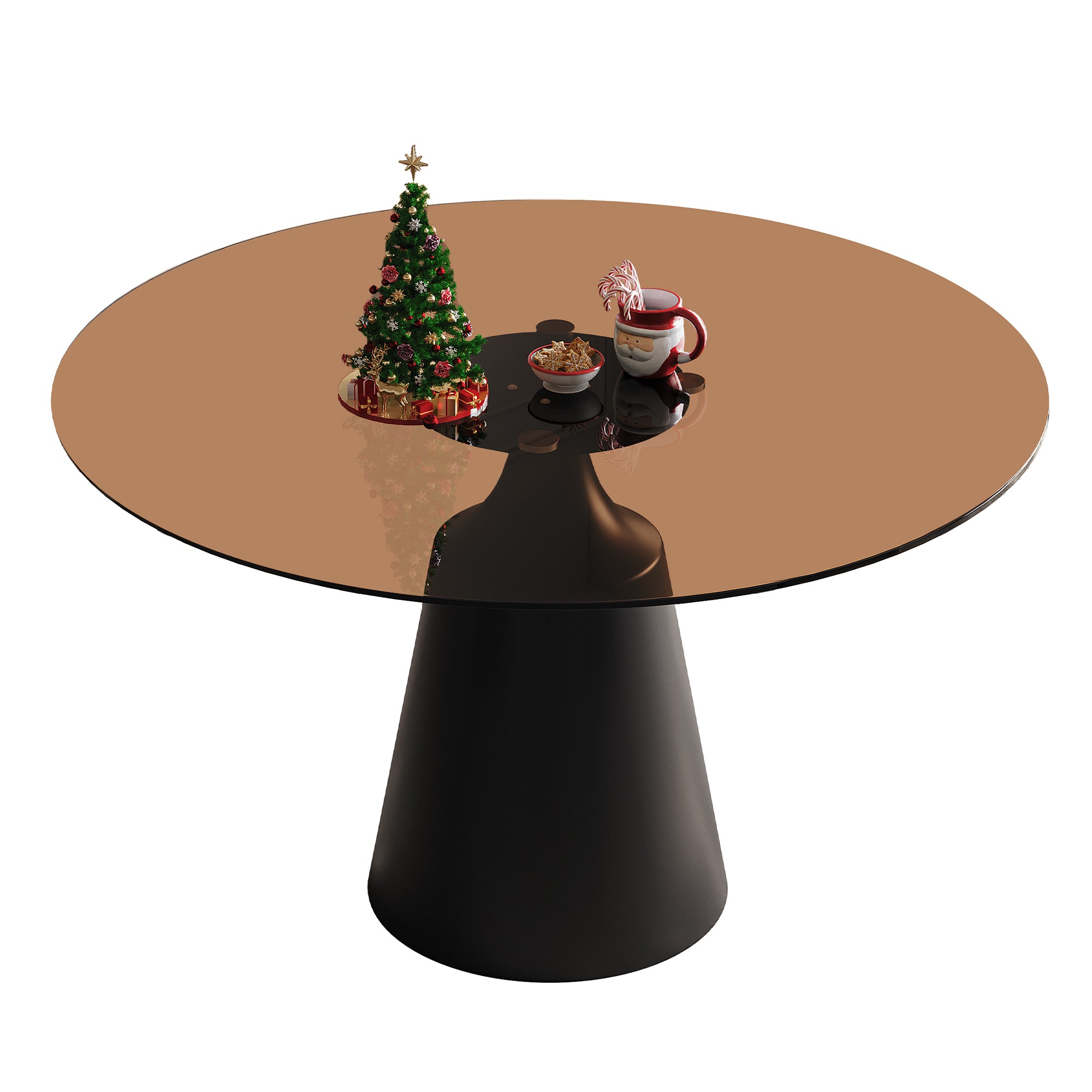 Round brown glass dining table with a black cone pedestal on a plain white background, three-quarter view