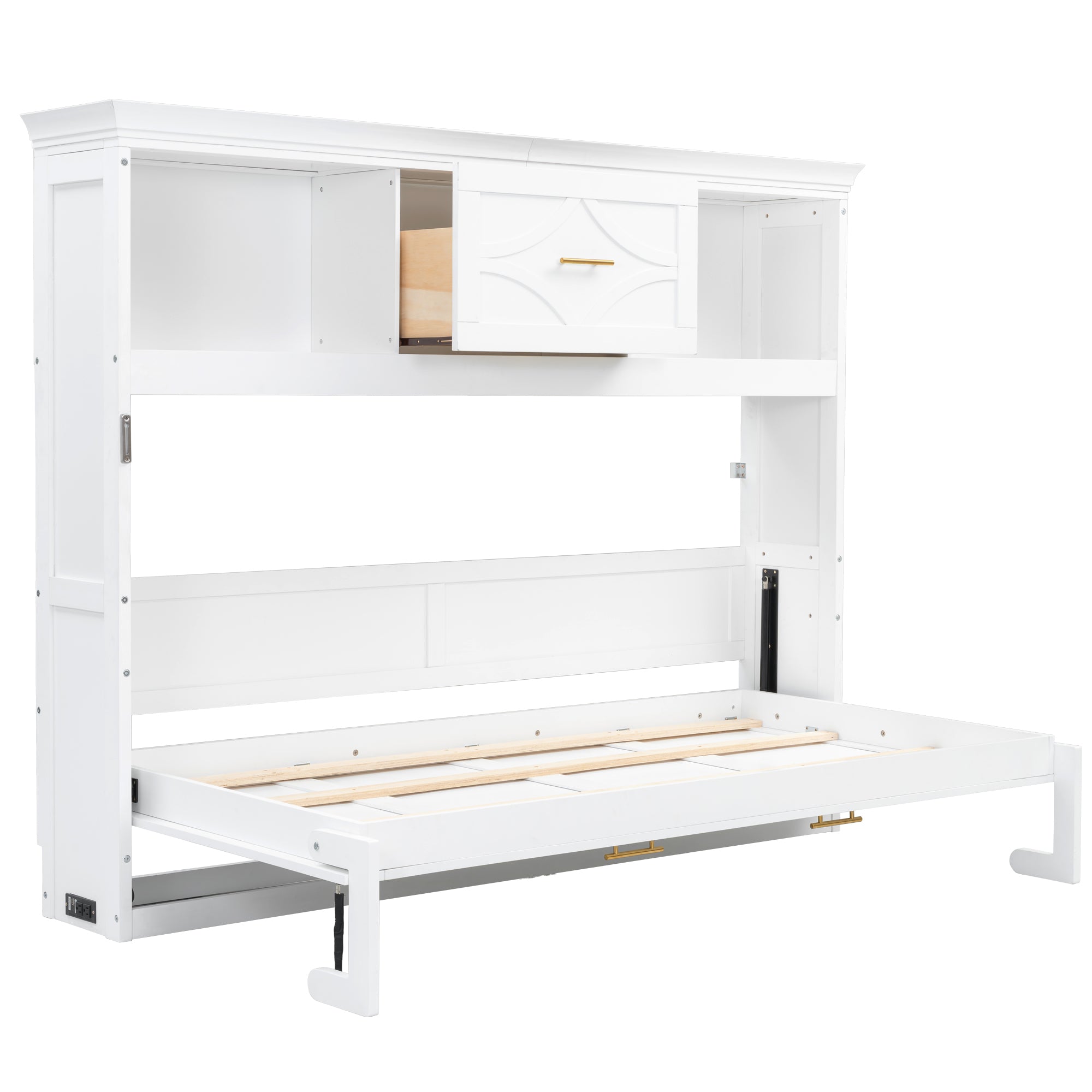 White Twin Murphy Bed with Drawer and Charging Station