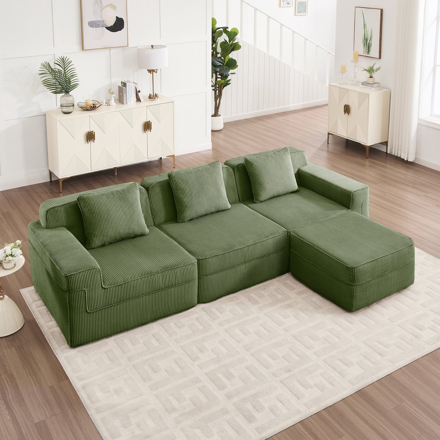 Boneless Couch – 3 Seater with Ottoman, Olive Green