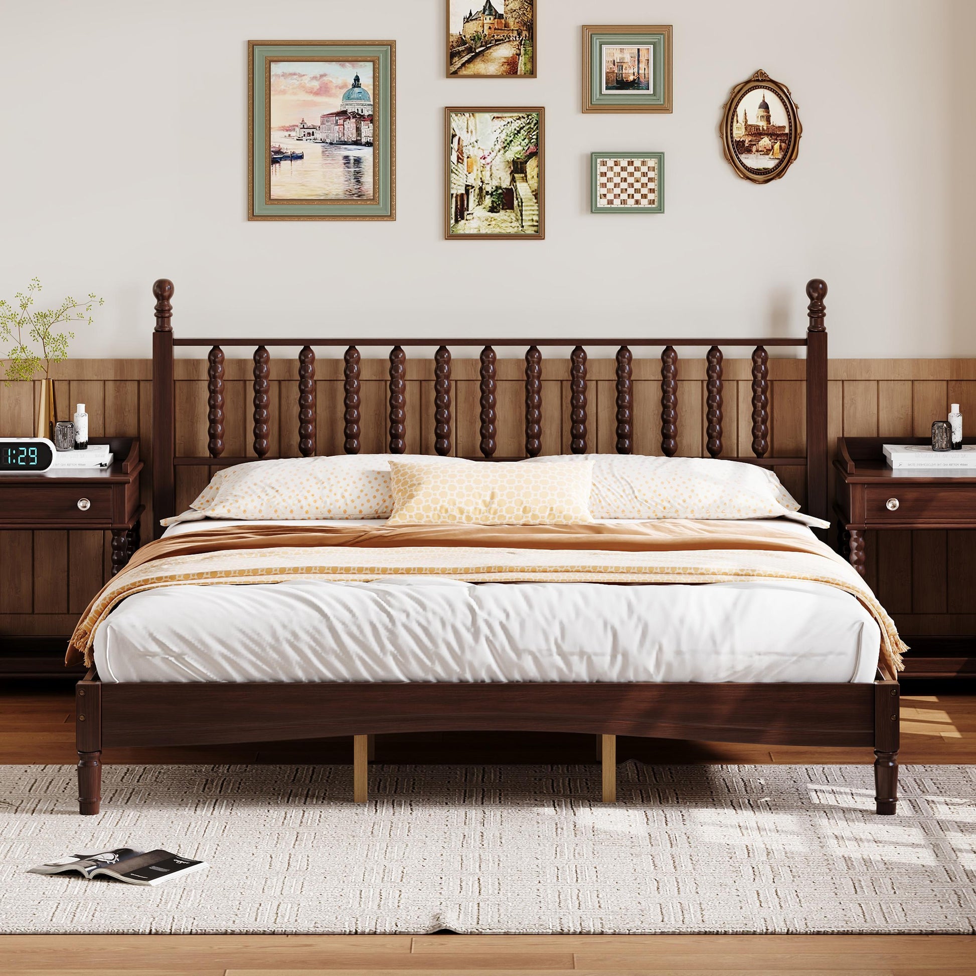 Walnut king bed frame with spindle headboard in a decorated bedroom