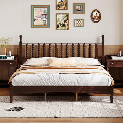Walnut king bed frame with spindle headboard in a decorated bedroom