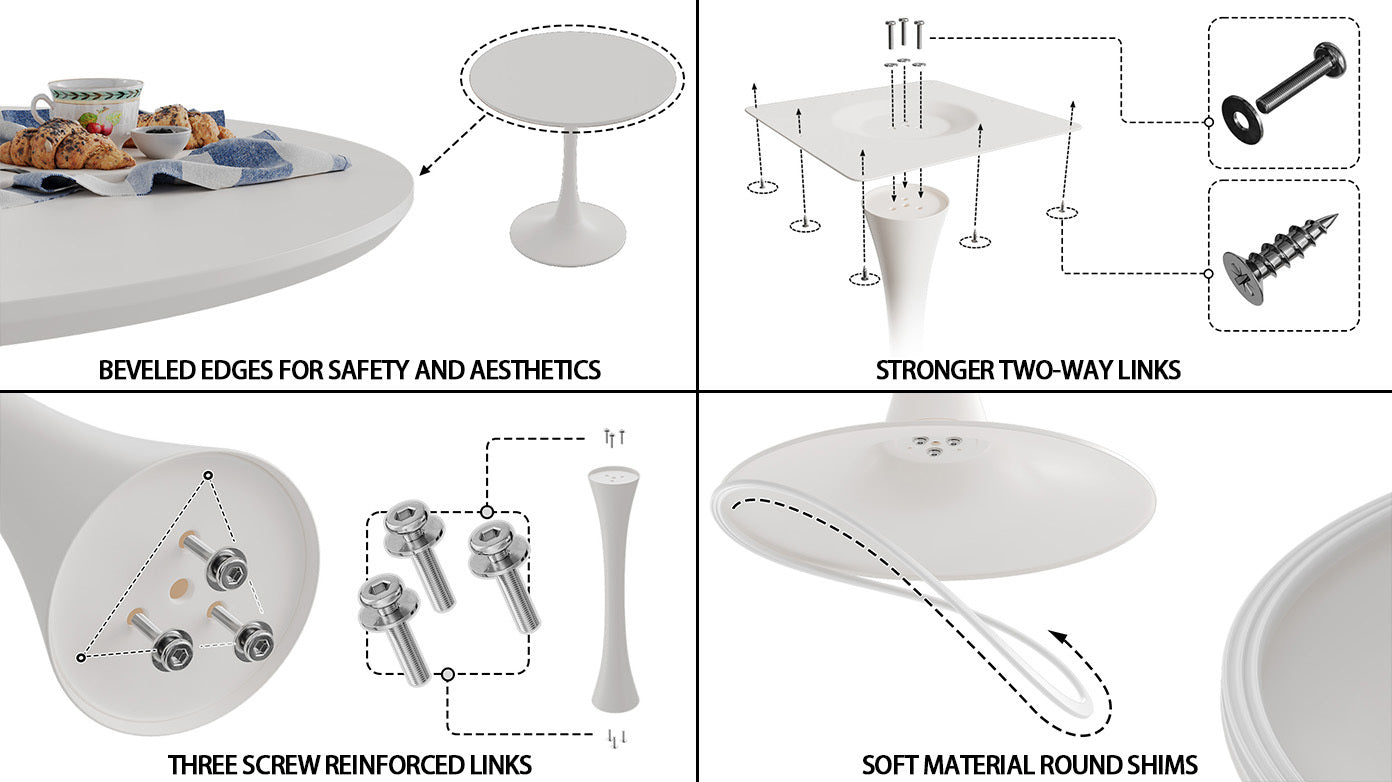 Four-panel feature graphic showing beveled edges, two-way links, three-screw links, and soft round shims