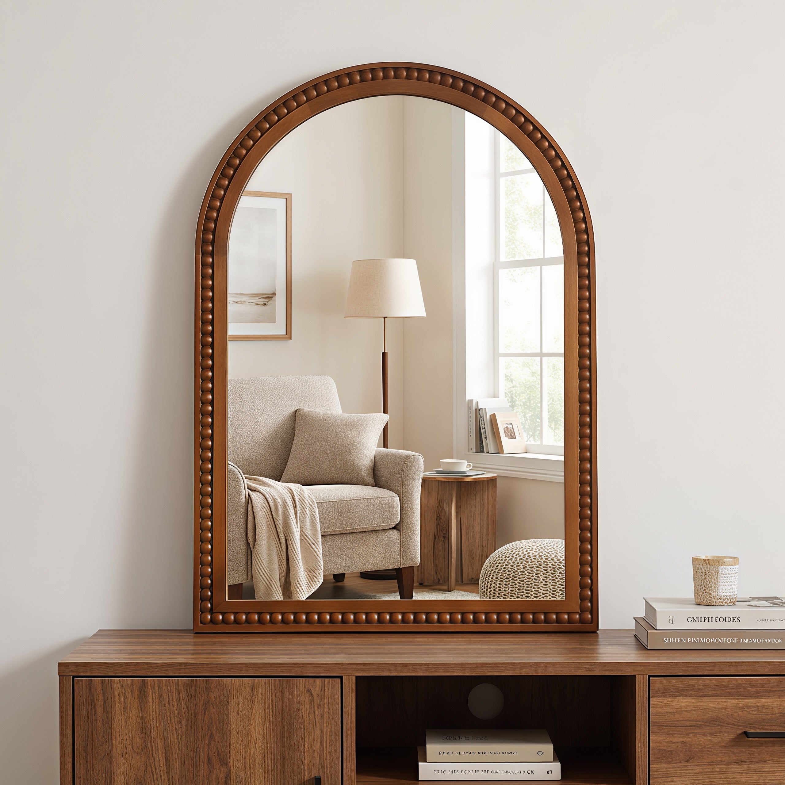 Arched Mirror 36 in, Beaded Solid Wood Frame, Dark Walnut