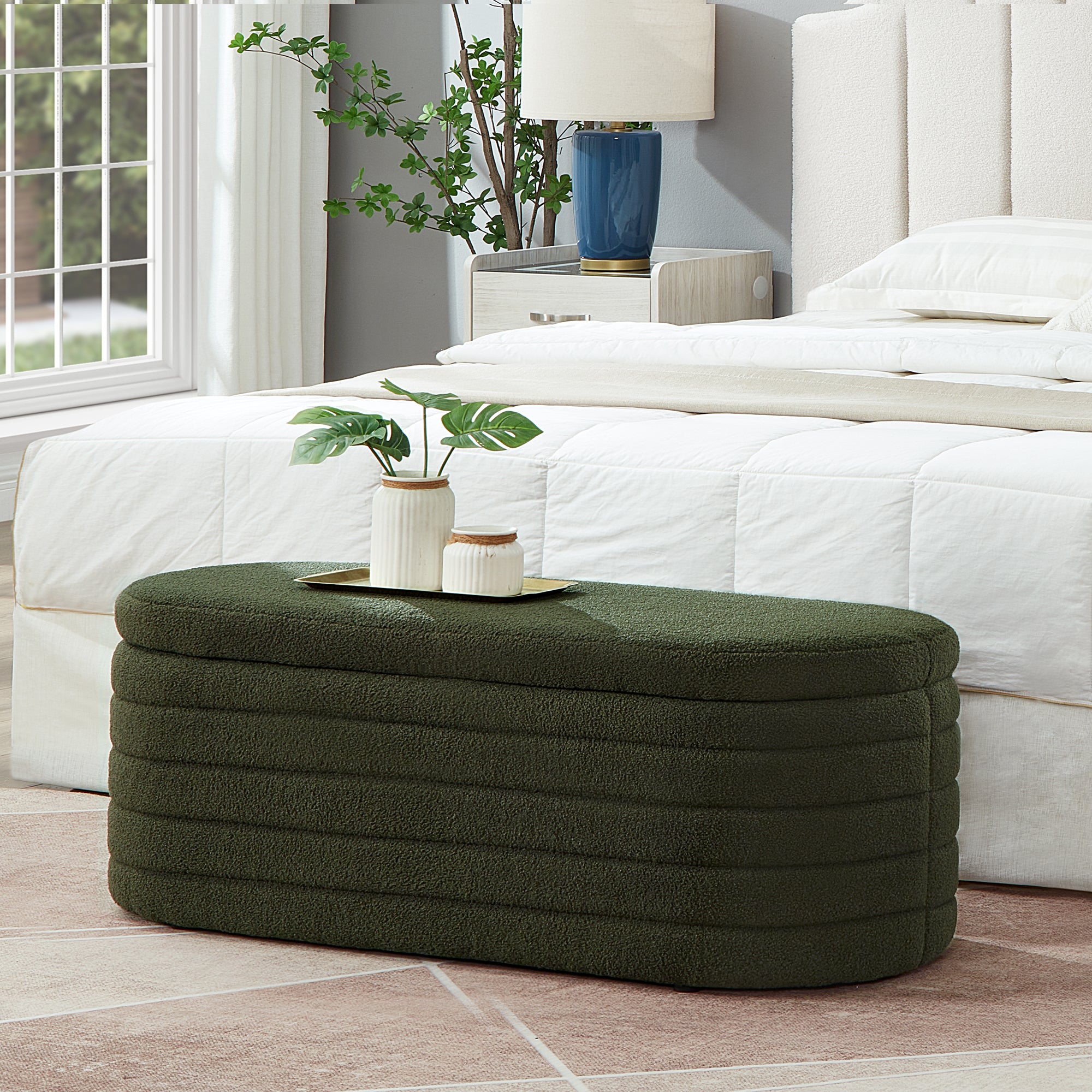 Storage Bench Oval, Dark Green Teddy Boucle with Hinged Lid