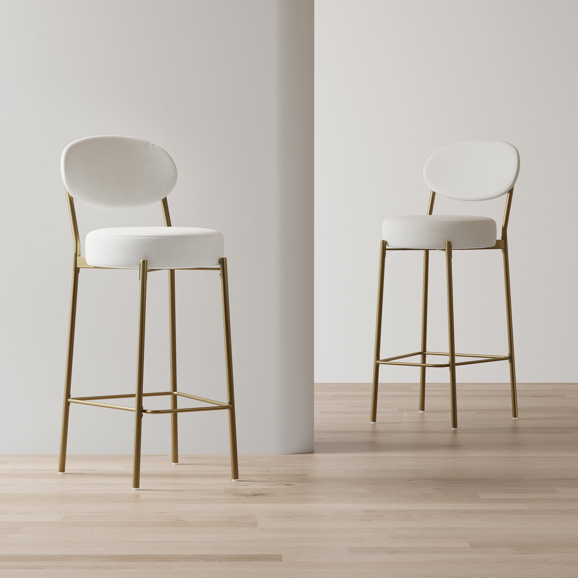 Bar Stools Velvet Set of 2, Cream with Gold Legs and Low Back