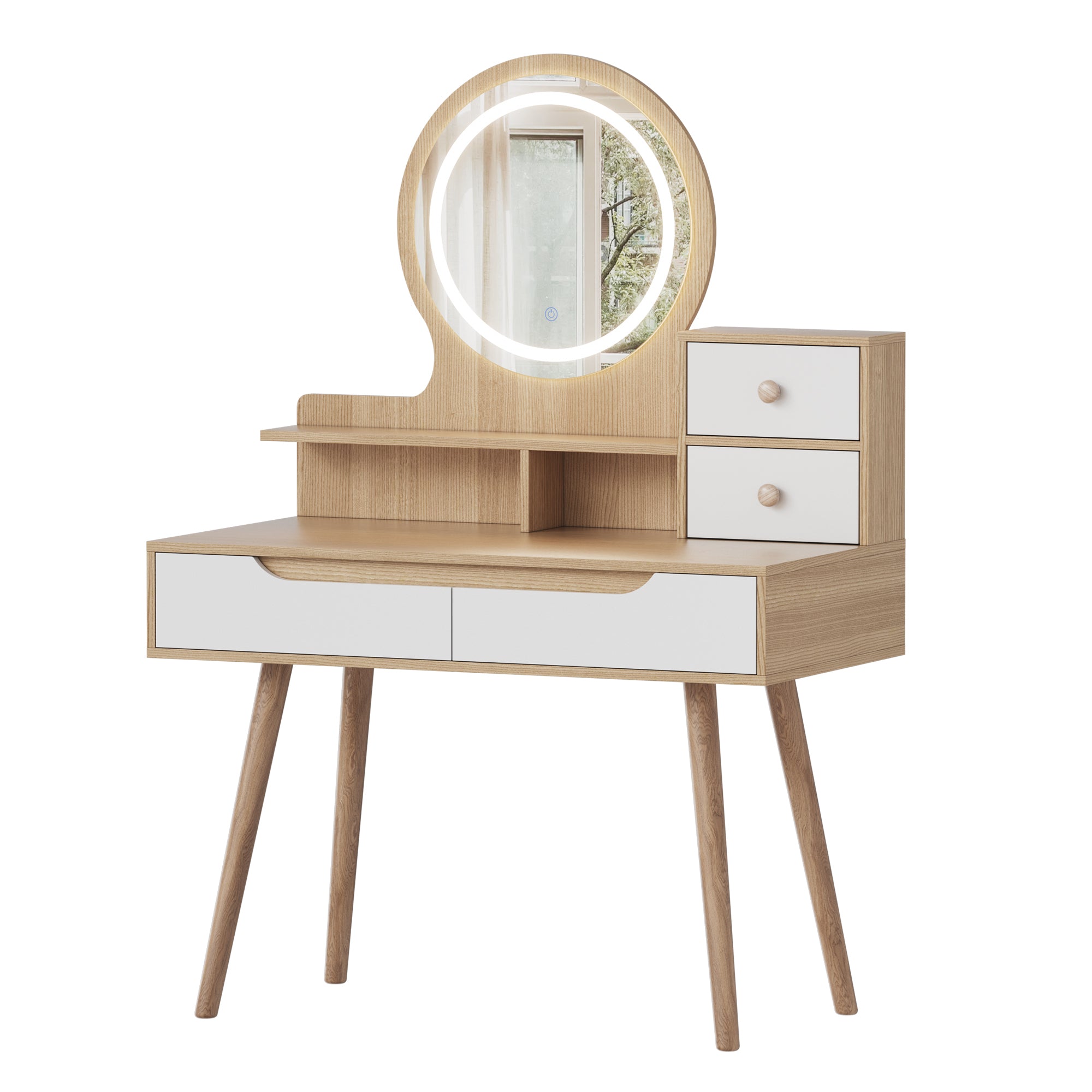 Compact Vanity Desk with Adjustable Lighted Mirror, 4 Drawers