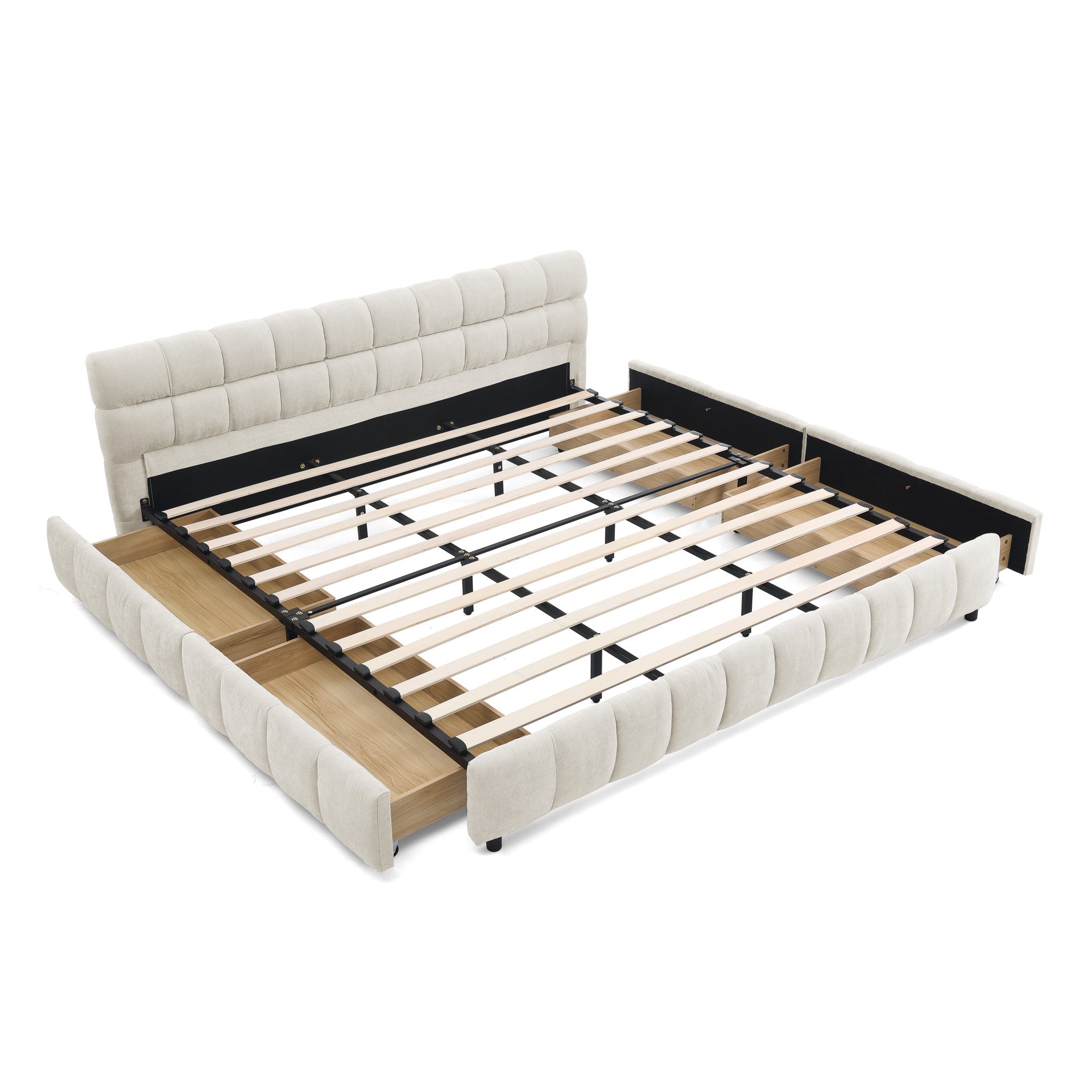 Three-quarter angled view of beige chenille bed frame with wood slats