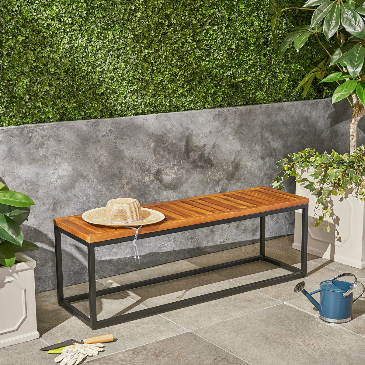 Teak Finish Solid Wood Outdoor Bench, 54 in Wide
