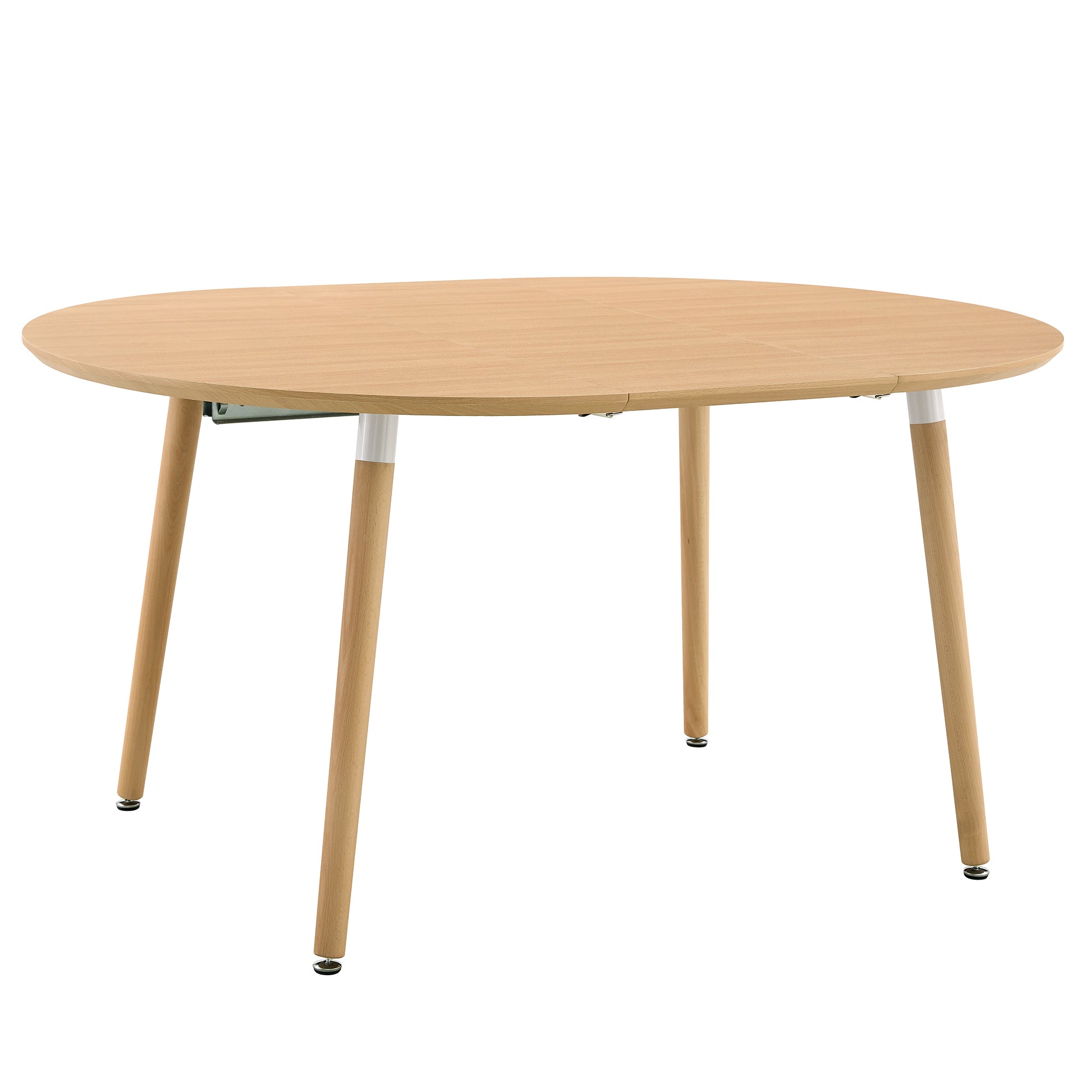 Fully extended oval oak-look table viewed from the side on a white background