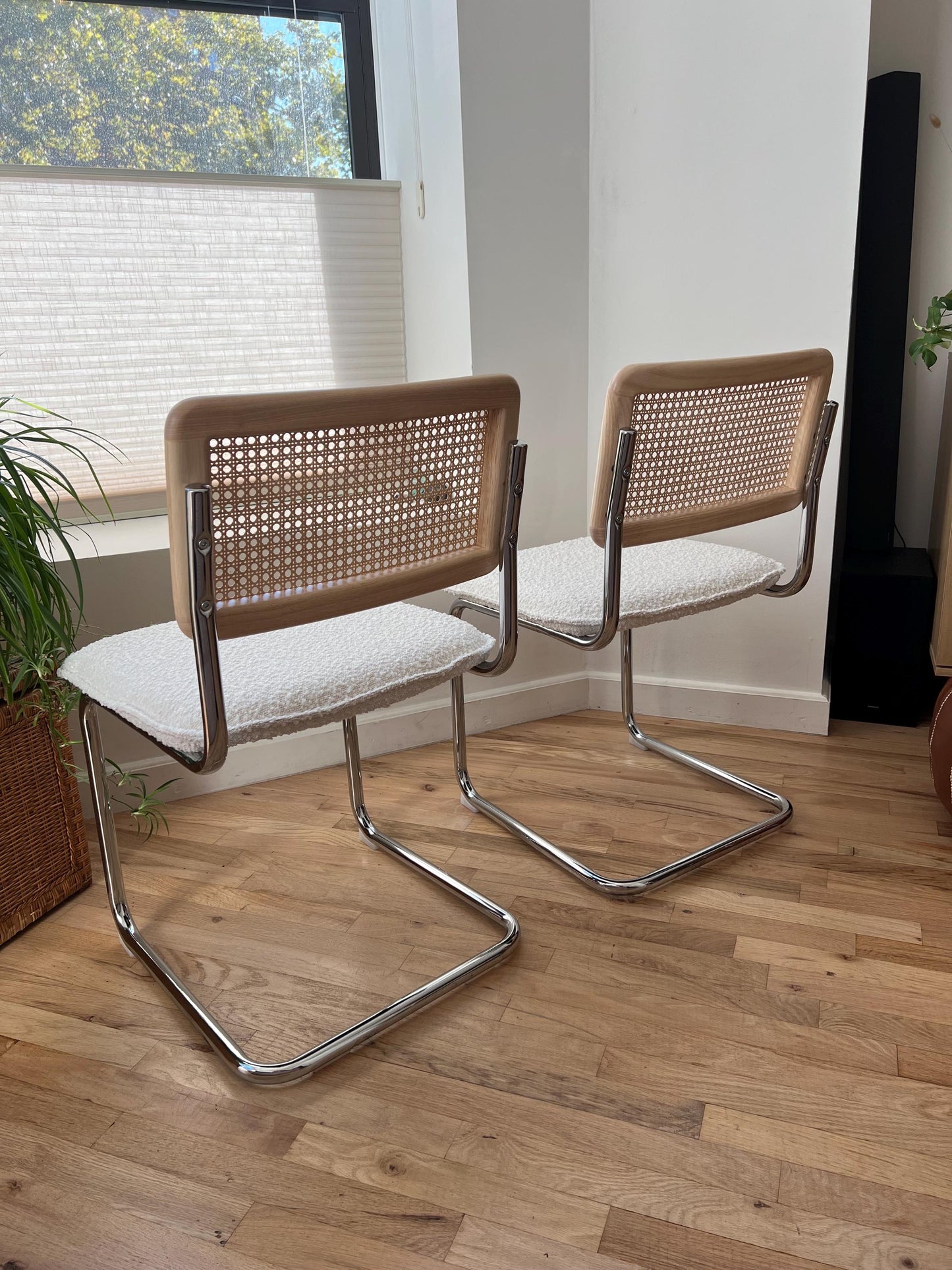 Midcentury Modern Dining Chair Set of 2 - White Boucle with Rattan Accents