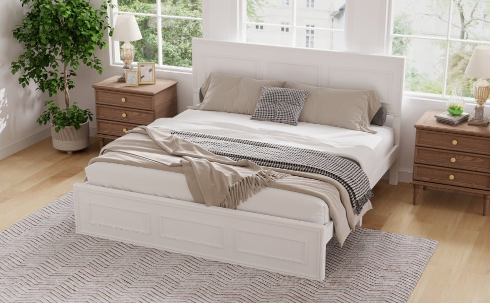 White queen bed frame with headboard and footboard, taupe bedding and houndstooth pillow, sunny bedroom #Color_White