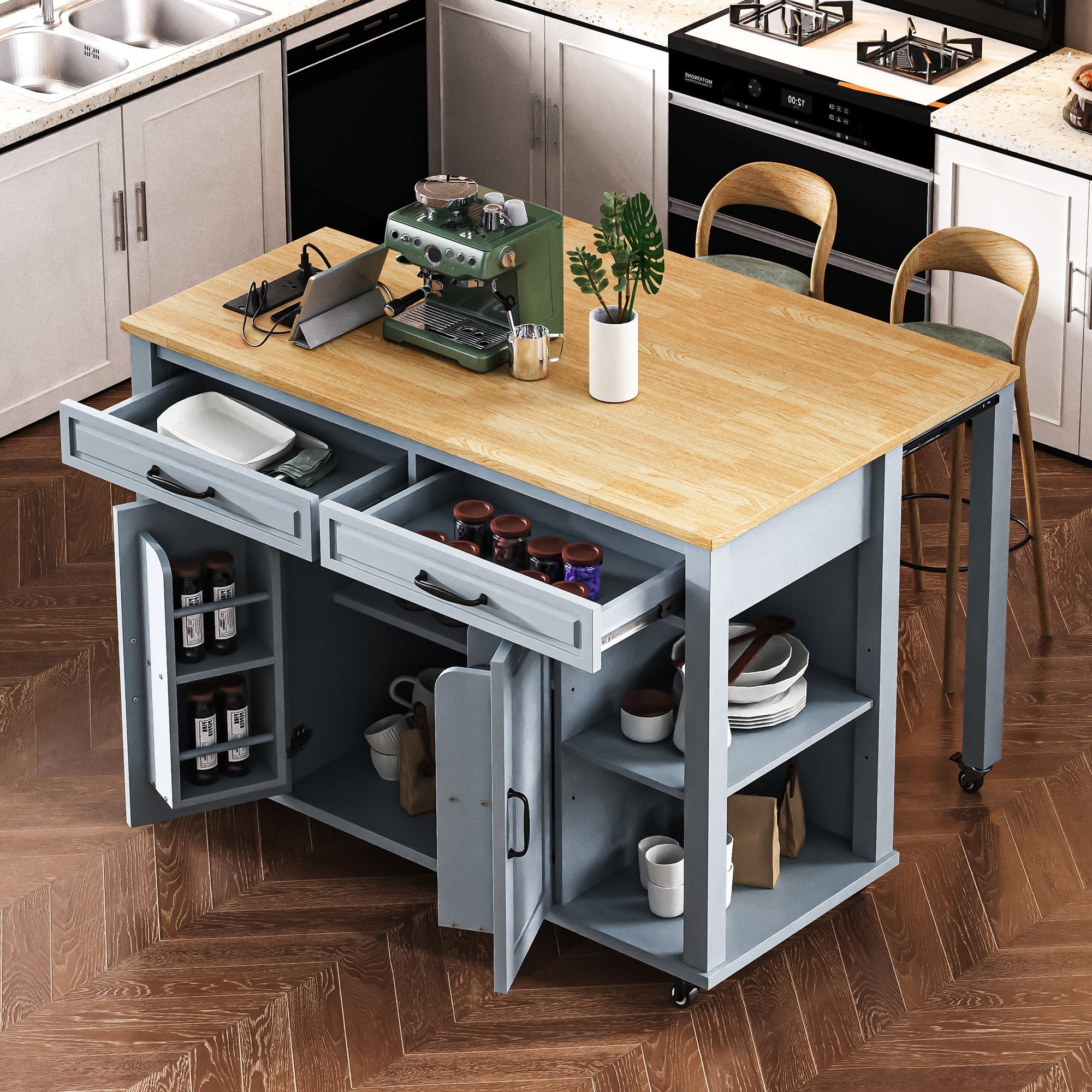 Grey Blue Kitchen Island with Extendable Dining Table
