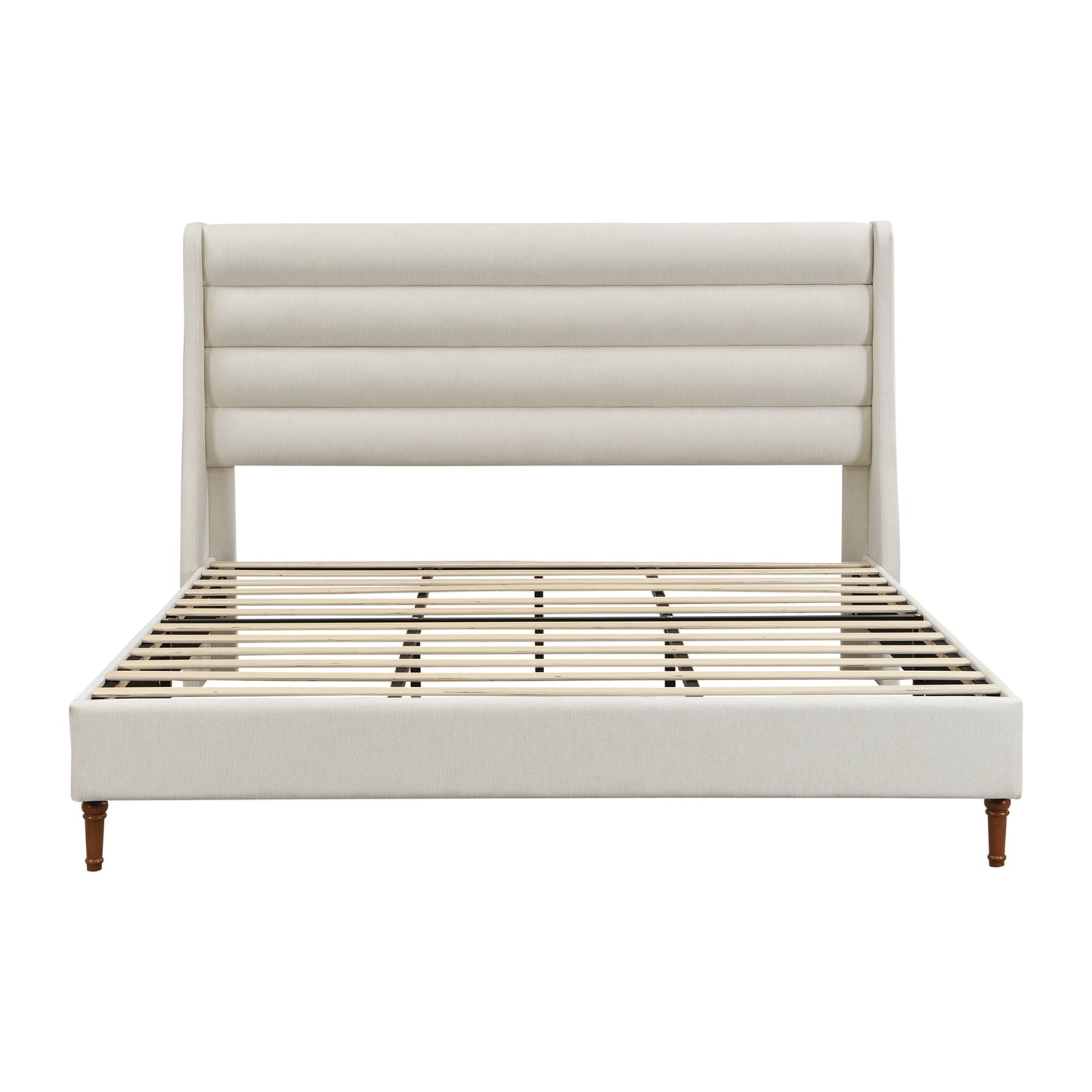Ivory chenille king bed with wave-shaped headboard, bright bedroom