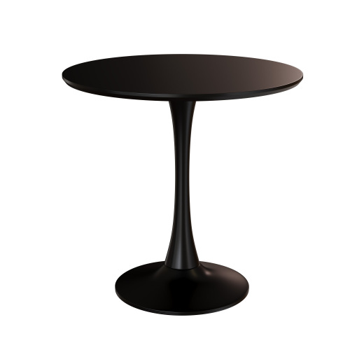 Round black tulip table alone on white, showing the trumpet pedestal base