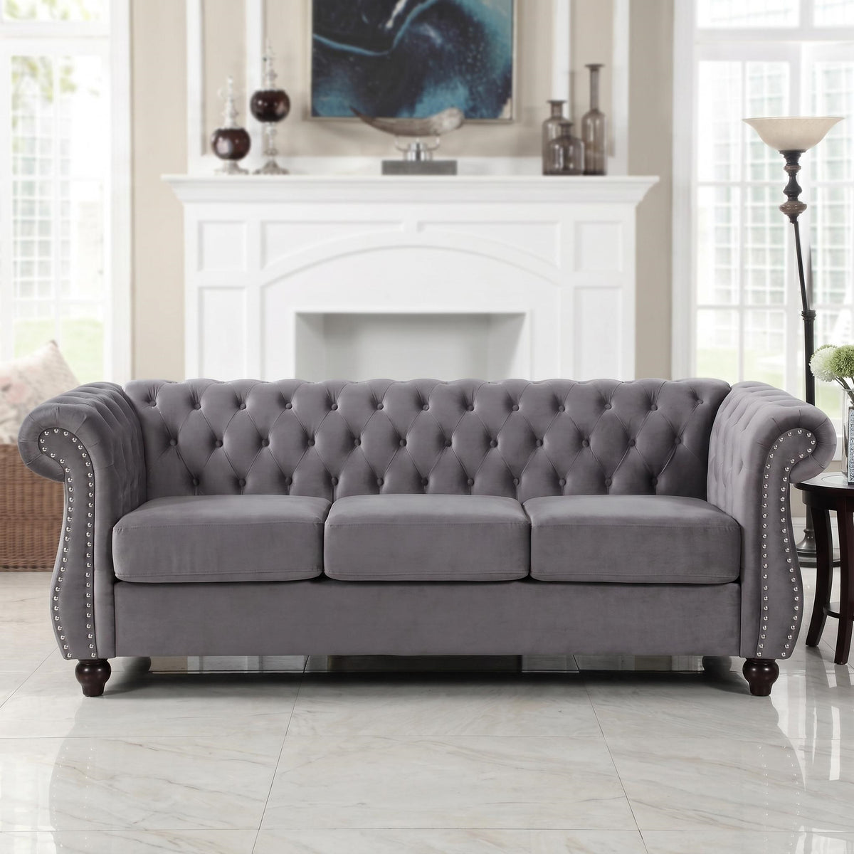 Gray Velvet 3-Seat Chesterfield Sofa