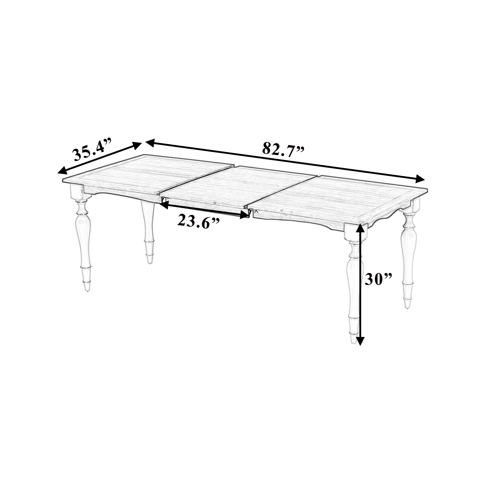 Dimension diagram of the extendable dining table showing 82.7 in length, 35.4 in width, 23.6 in leaf, 30 in height