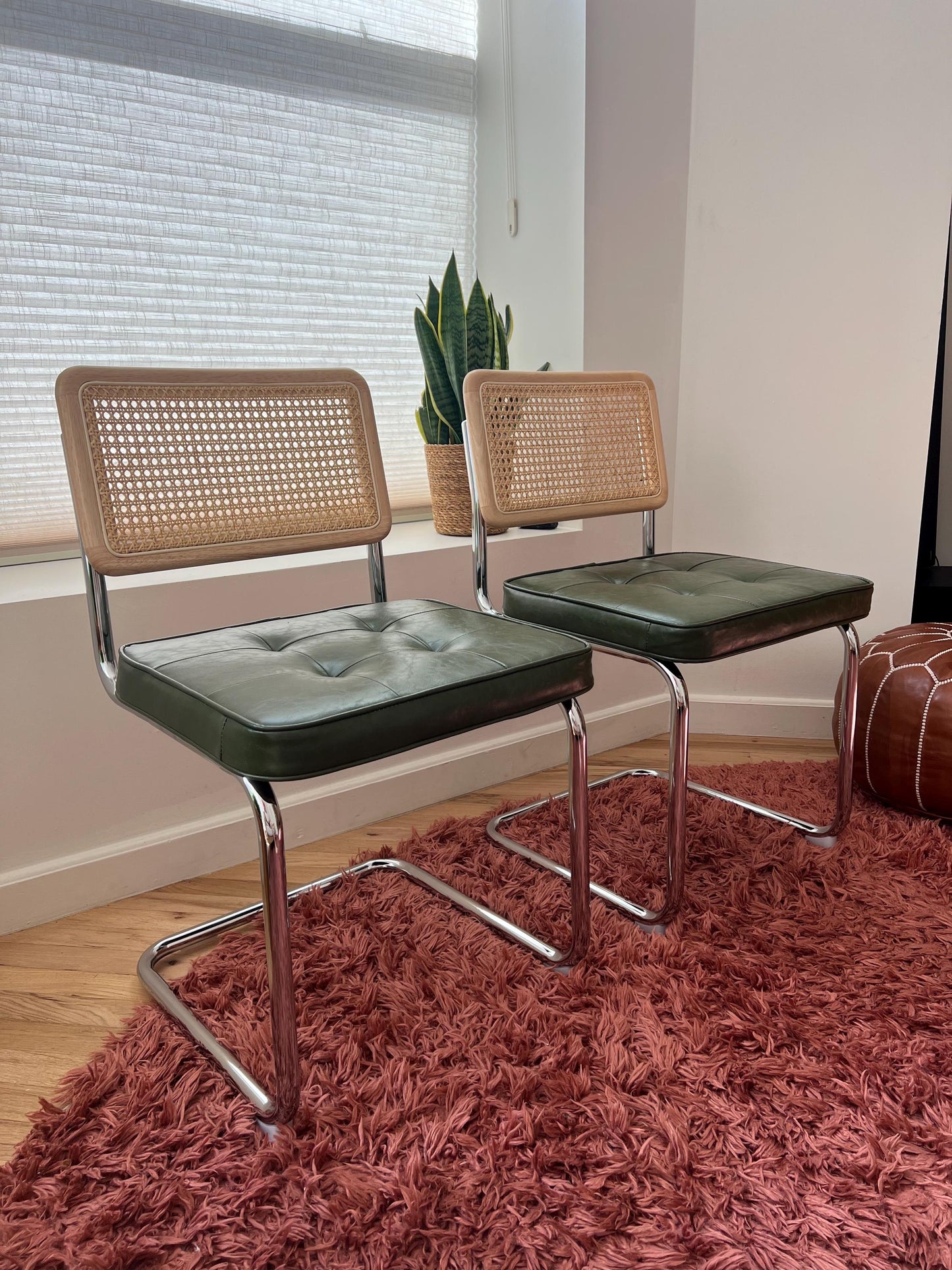 Midcentury Modern Dining Chair Set of 2 - Green Vegan Leather with Rattan Accents