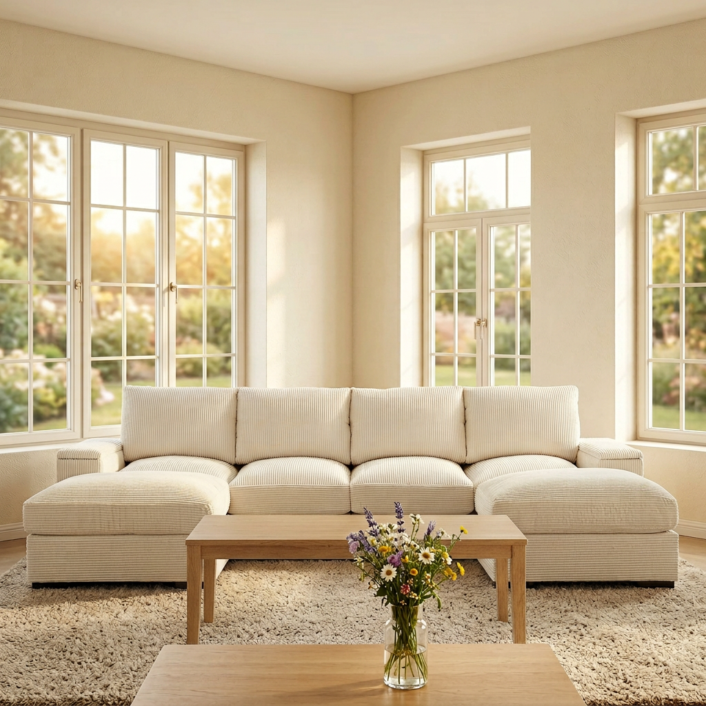 Beige Corduroy U-Shaped Modular Sectional with 2 Ottomans, 122 in Wide