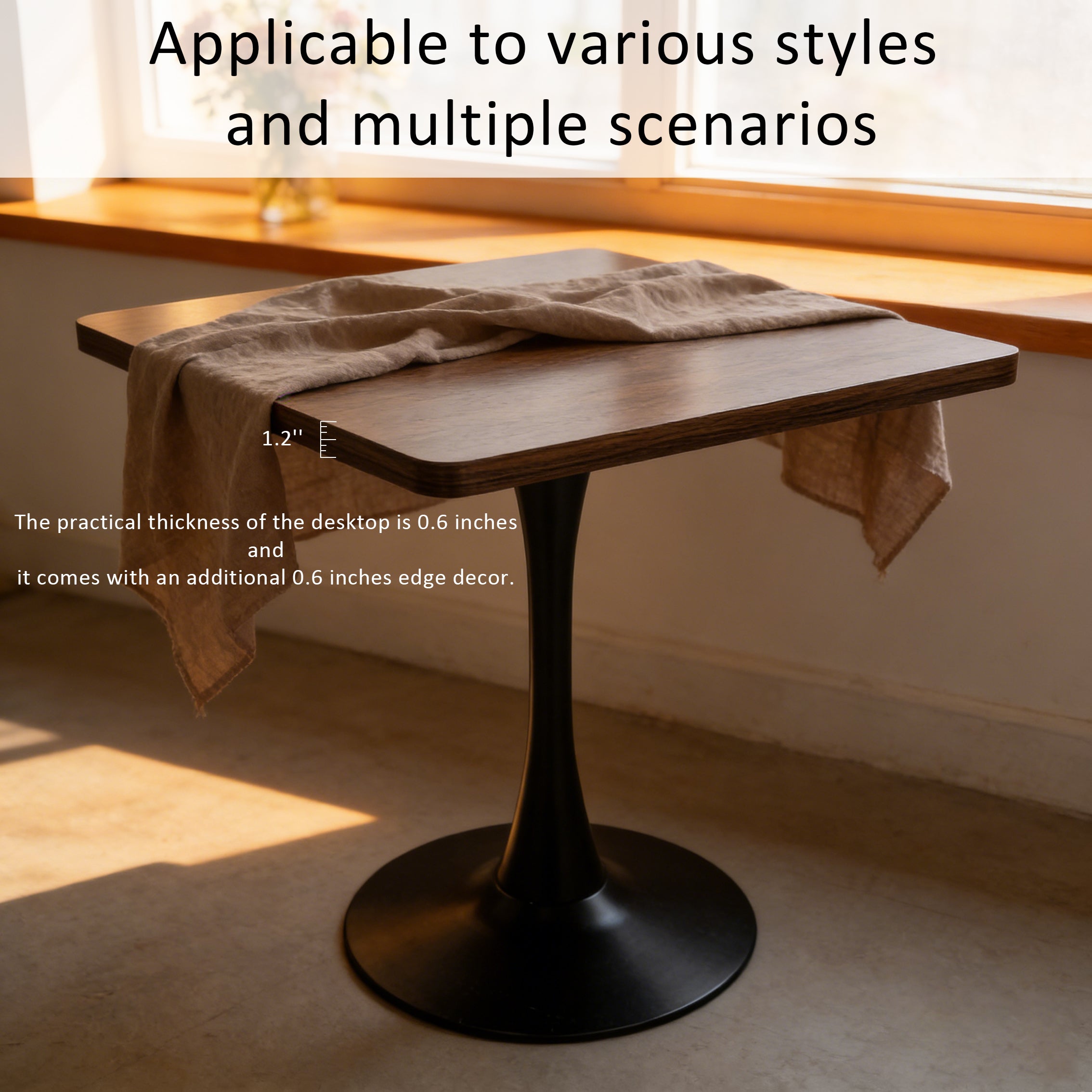 Styled photo of the walnut tulip table with draped linen, feature graphic noting 1.2 inch edge and 0.6 inch top