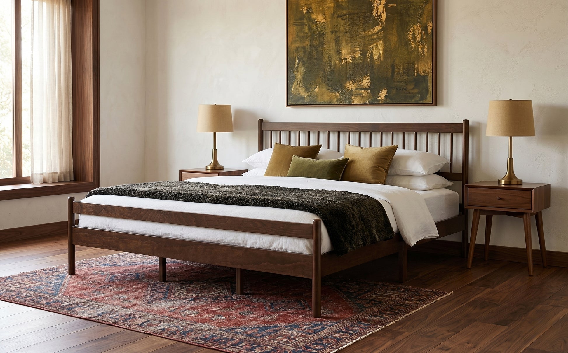 Walnut king bed in bright bedroom, front-facing wide view