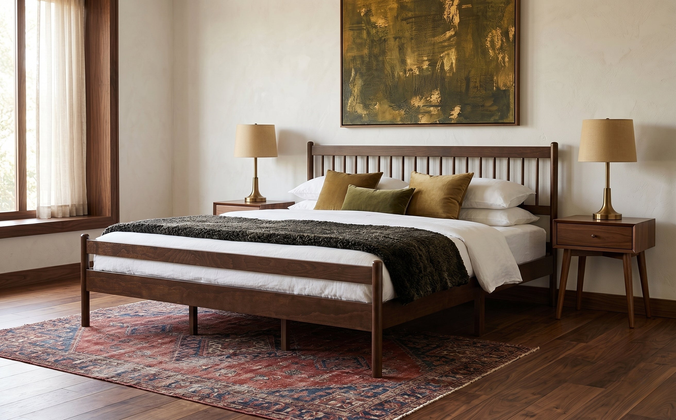 Walnut king bed in bright bedroom, front-facing wide view