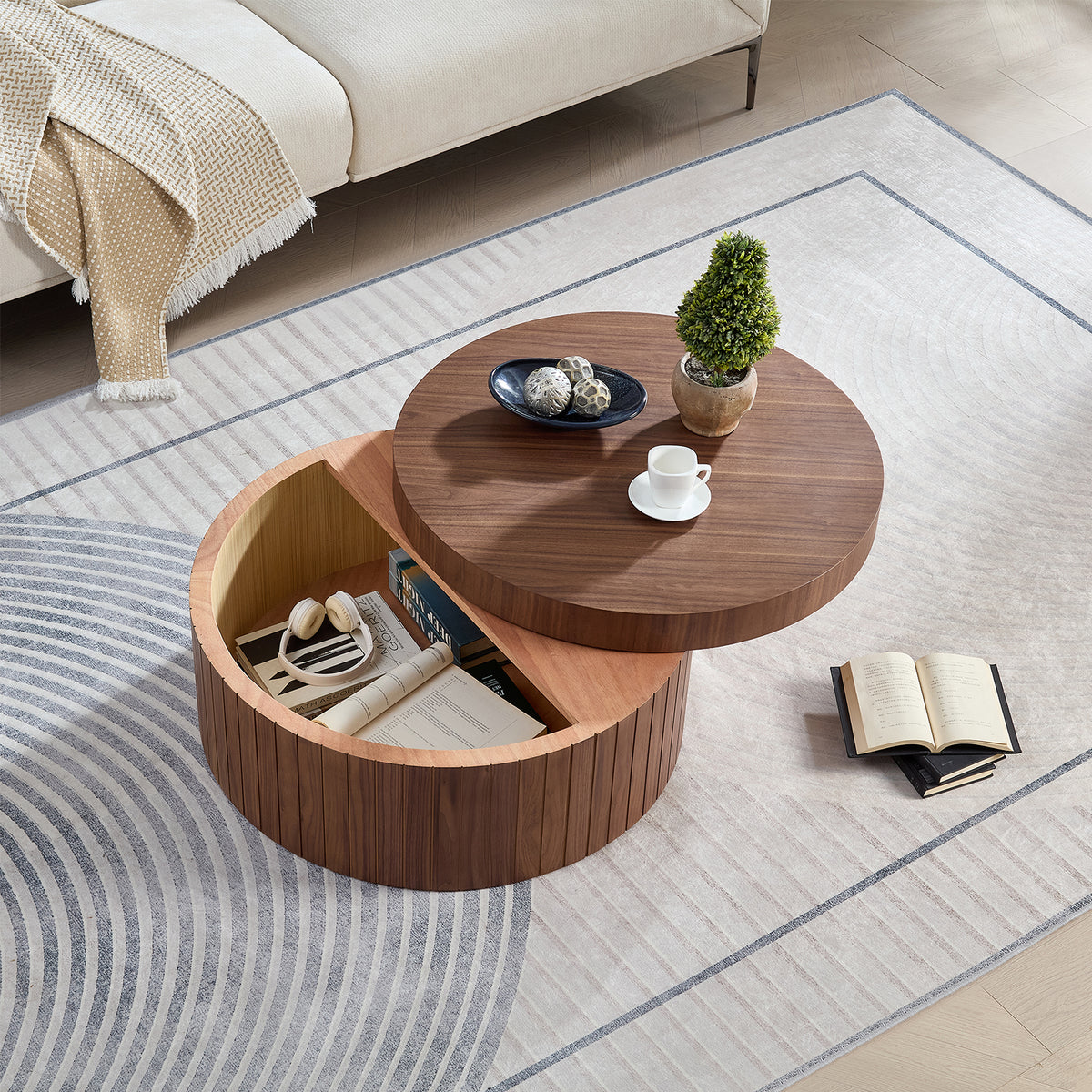 Walnut Round Coffee Table with Storage, 31.5 in