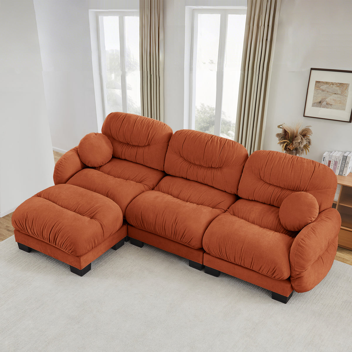 Orange Chenille L-Shaped Modular Sectional with Ottoman, 116.1 in Wide