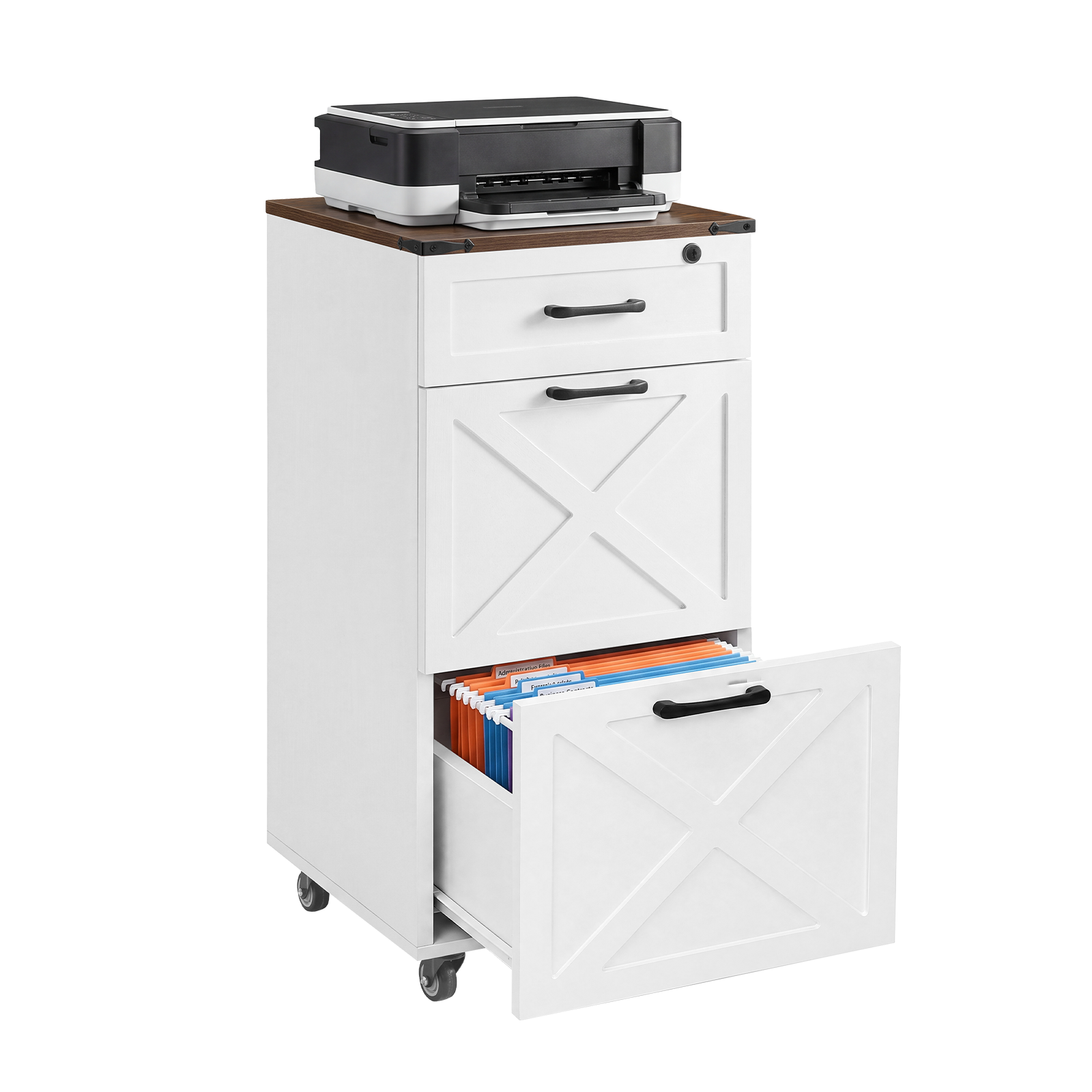 Vertical Rolling Printer Stand with Drawers and Lock, 15.7 in, White