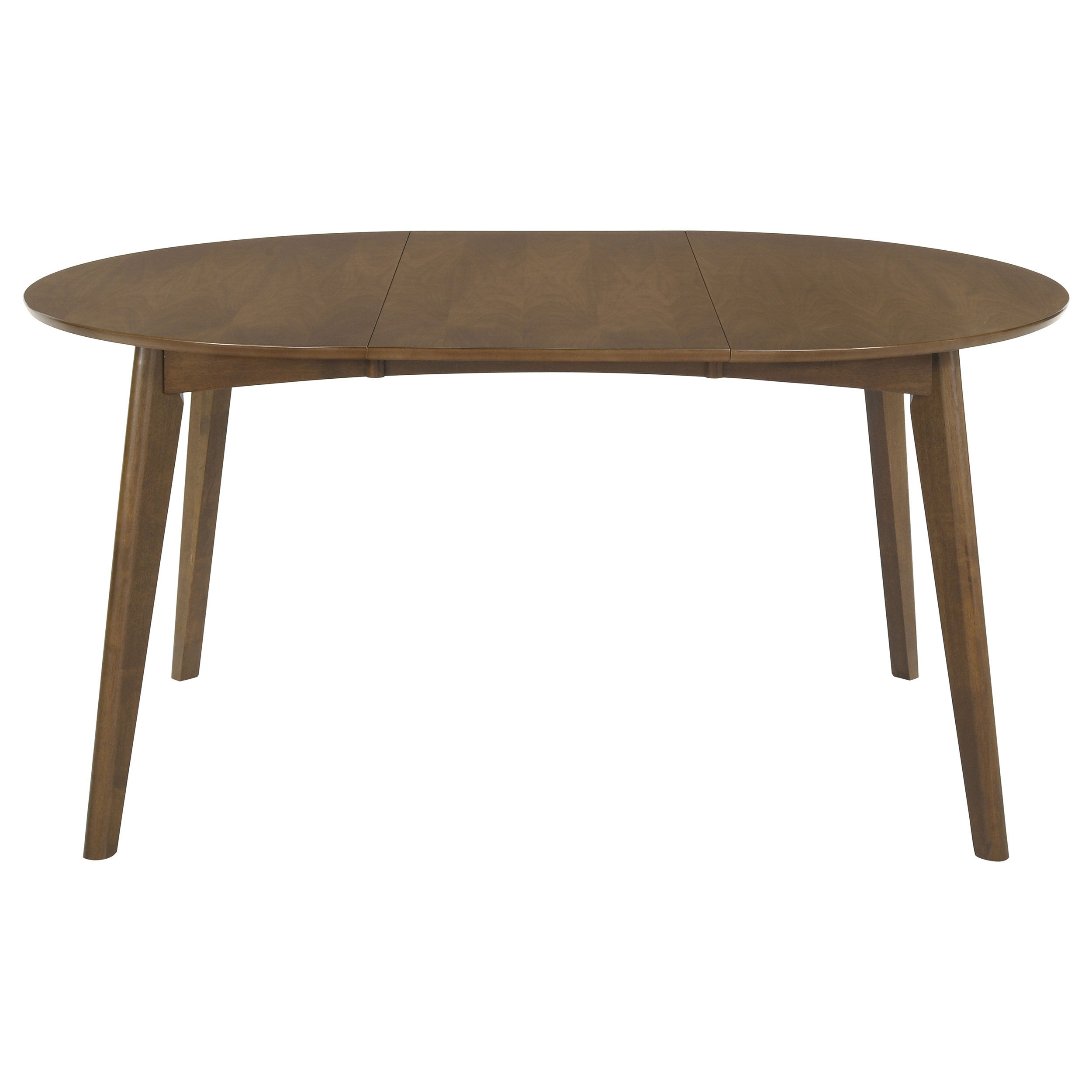 Walnut oval dining table, long-side view on white studio background