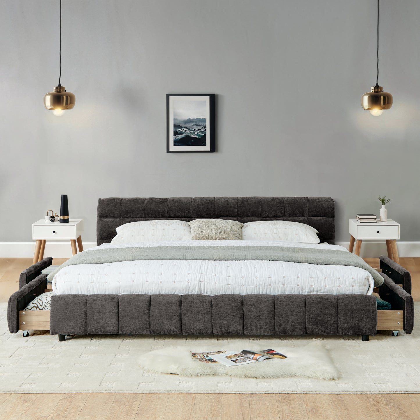 California King chenille bed frame with pendant lights and plants