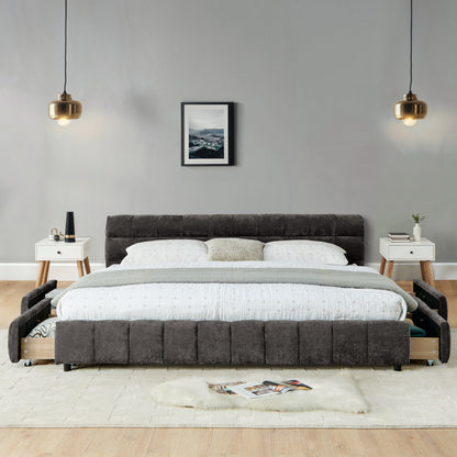 California King chenille bed frame with pendant lights and plants