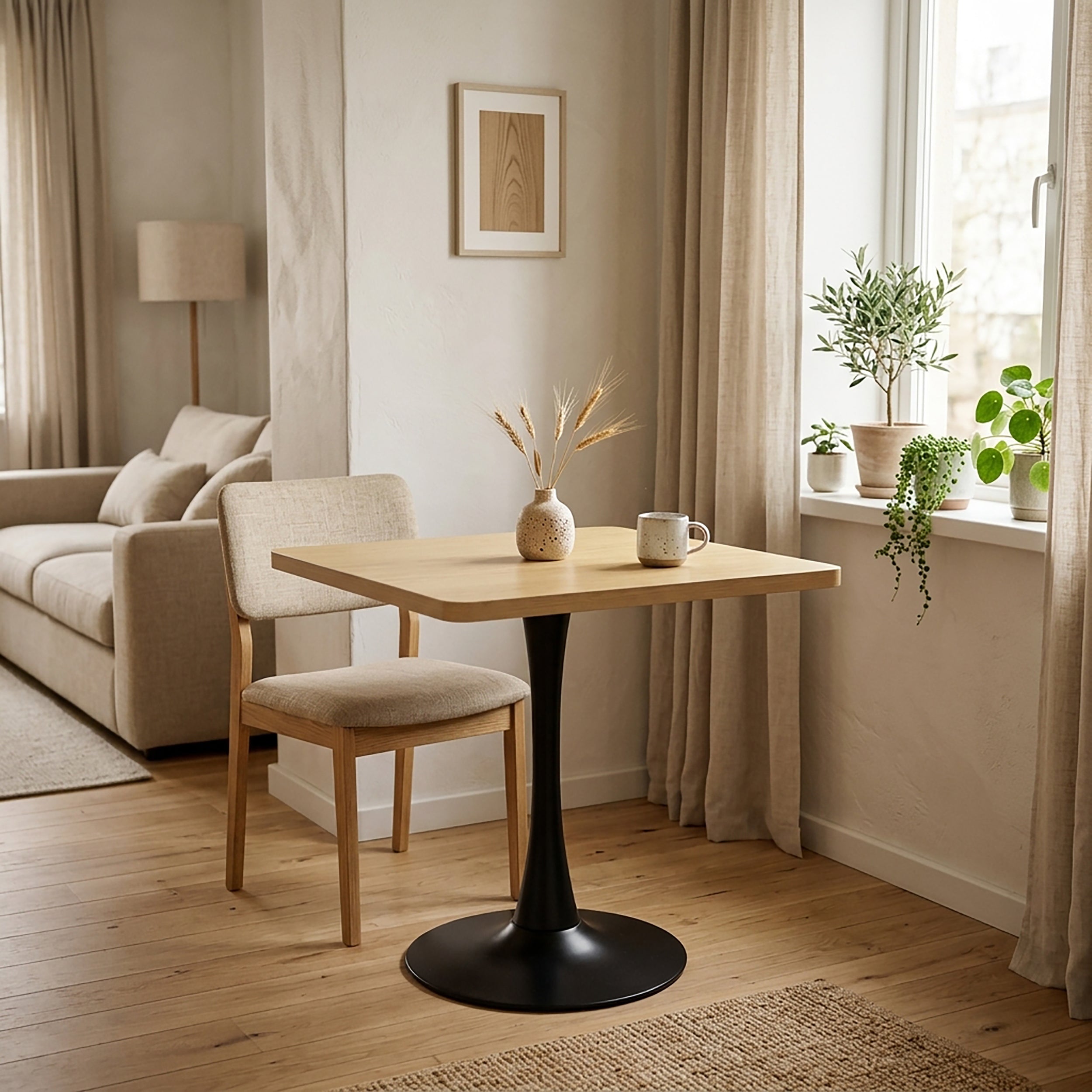 Natural square tulip dining table styled in a cozy living room nook with one upholstered chair and plants