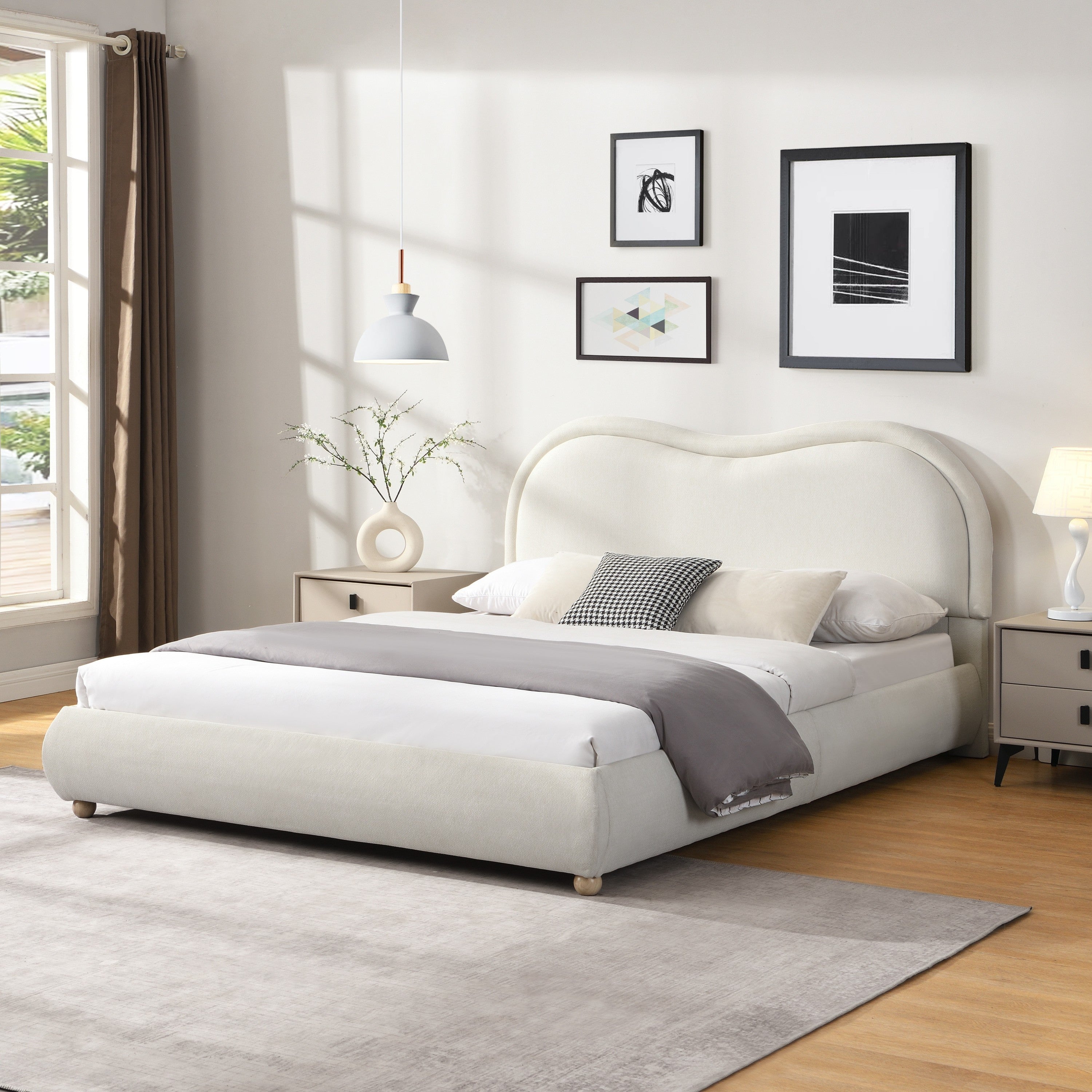Angled view of beige chenille queen platform bed styled with white bedding in a bright bedroom #Color_Beige