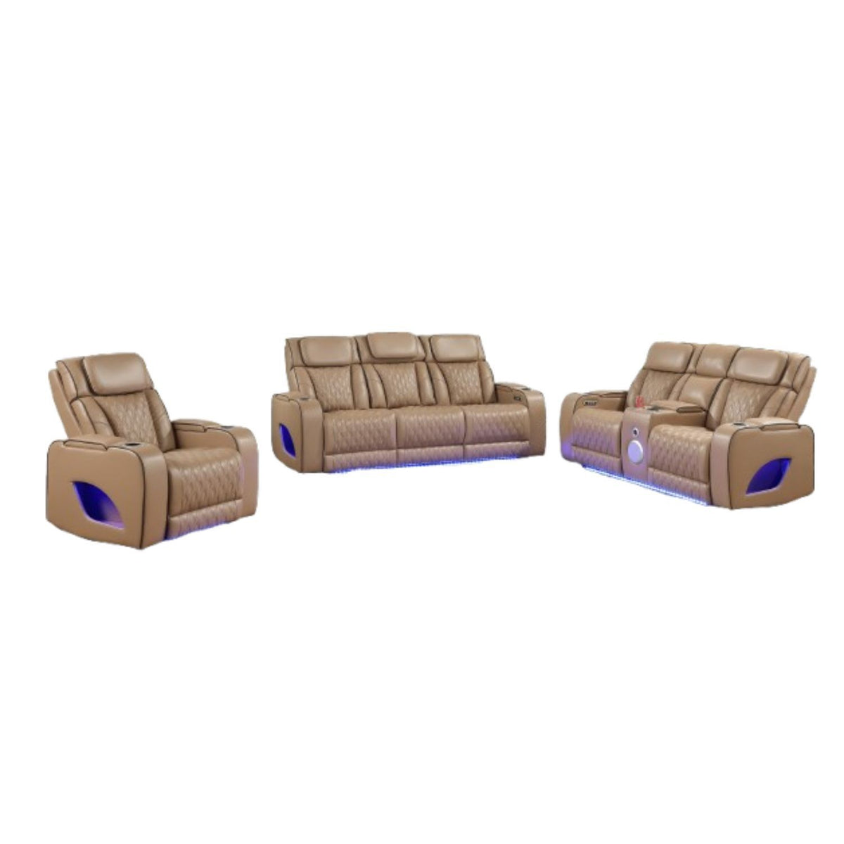 Caramel Vegan Leather Power Reclining 3-Piece Living Room Set, Massage